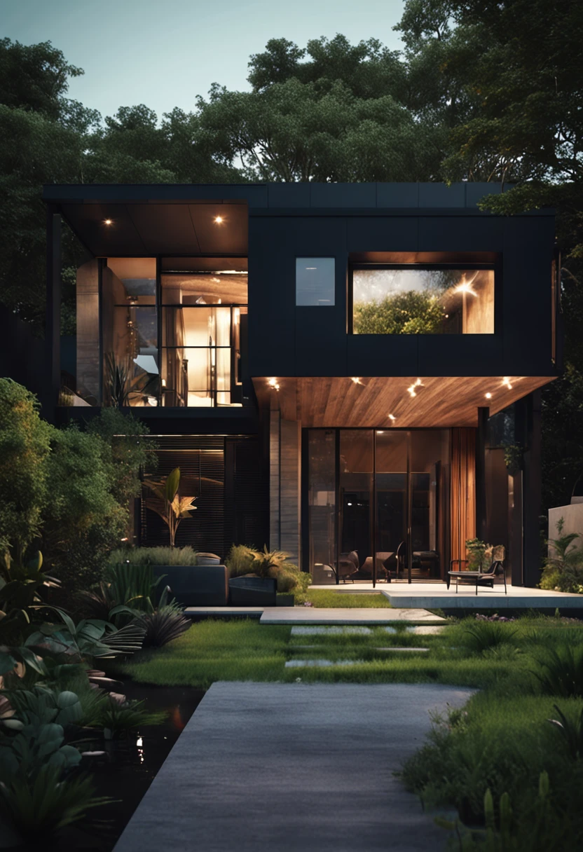 Modern black house design, green garden around the house, black front road