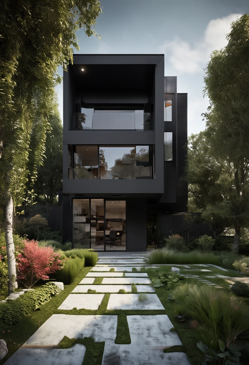 Modern black house design, green garden around the house, black front road