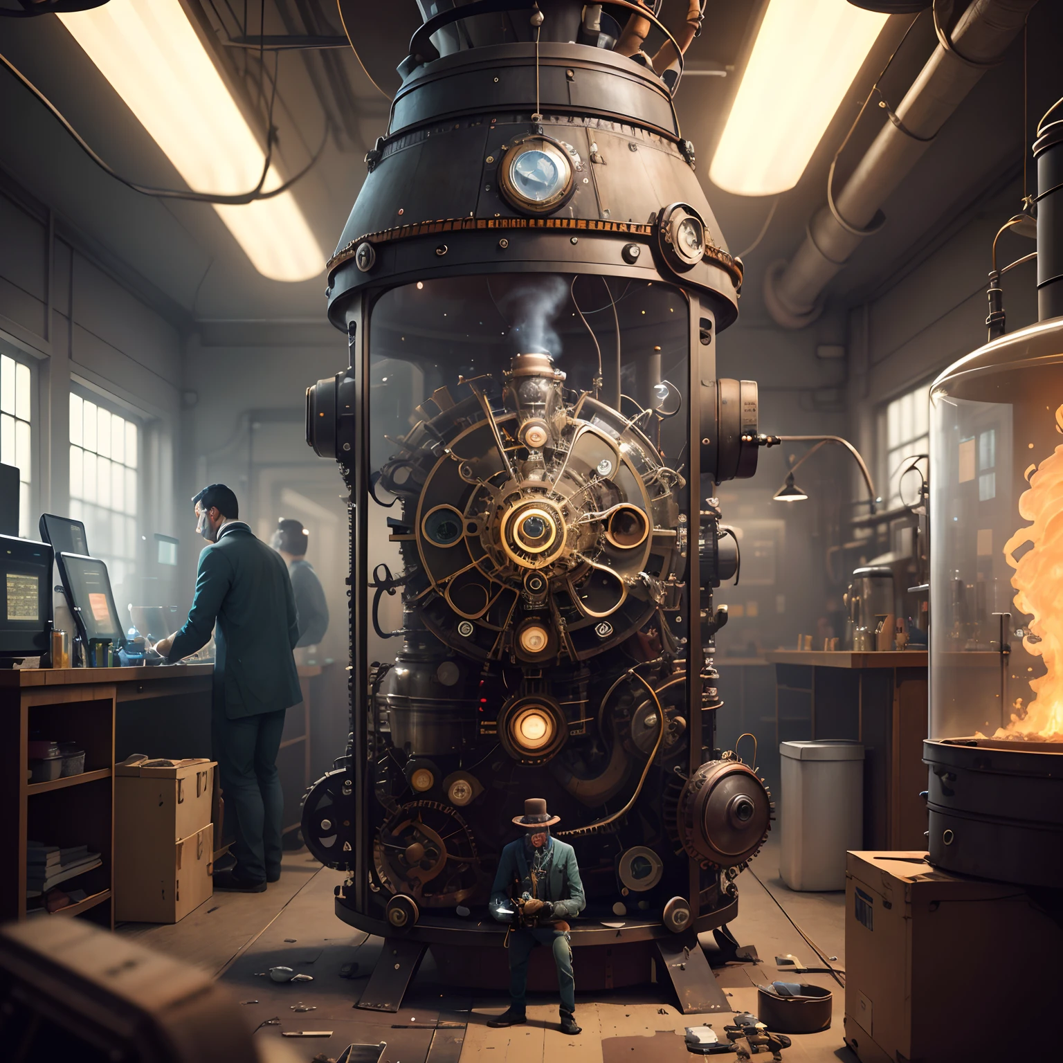 steampunkai, cientista cansado, Working on a Time Machine, in a futuristic lab in 2050, com aspecto de limpo, but full of contaminants almost imperceptible to the eye that get in the way of his work