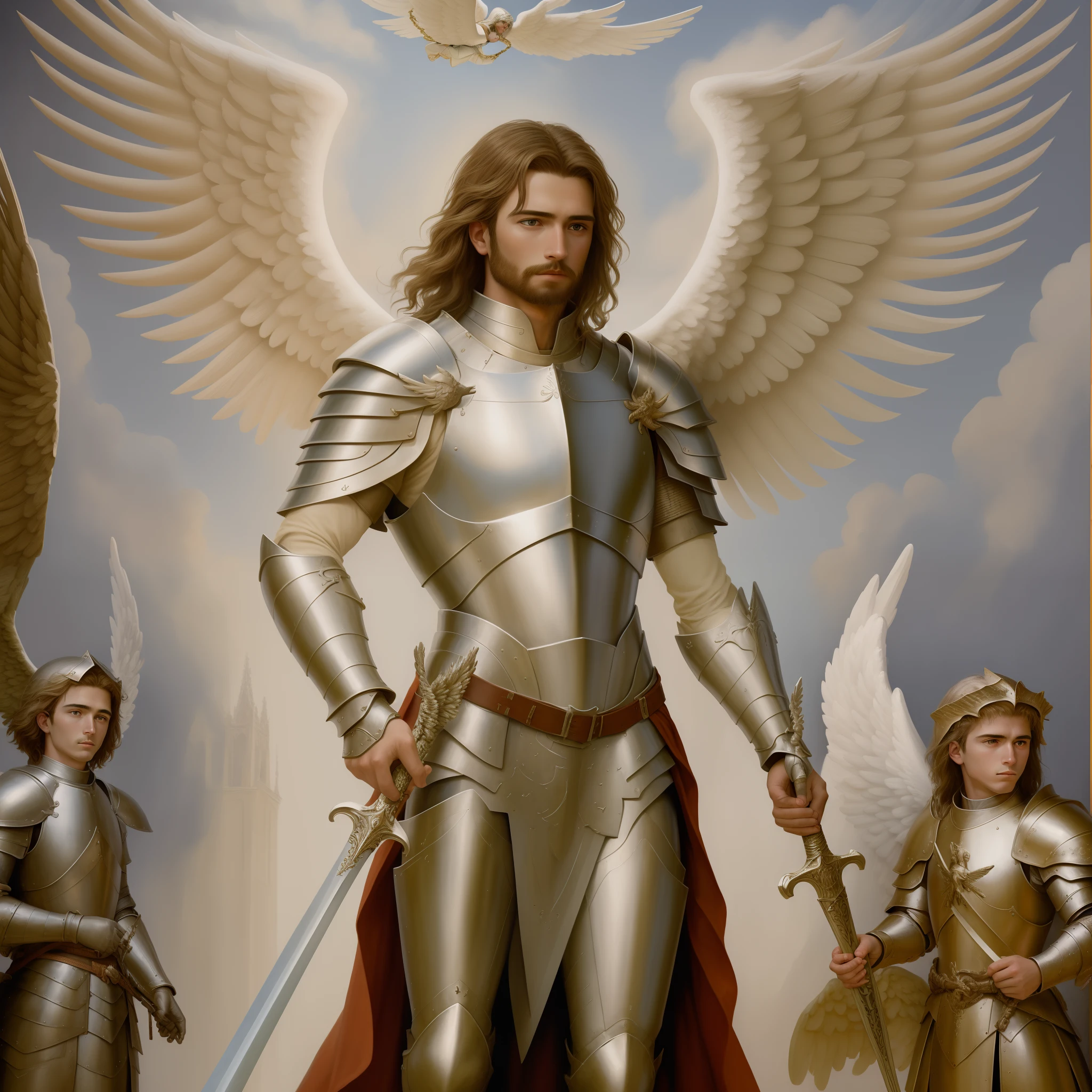 There is a painting of a man in armor holding two swords, Arcanjo Miguel, saint michael the angel, arcanjo, angel in plastic armor, Serafim, angels protecting a praying man, cheio de pinturas de anjos, Armadura Sagrada, anjo, biblical accurate angel, Anjo majestoso de corpo inteiro, Anjos, Armor angle with wing, angelic, fan art, angelic