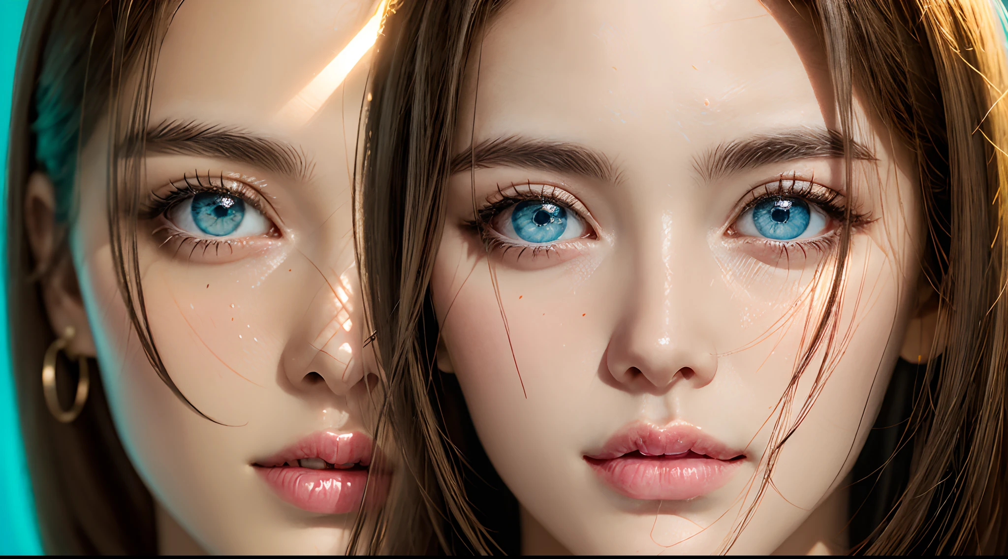 hyper HD,Textured skin,16K high resolution,Wallpapers,partial underwater shot,Blonde long-haired beauty,upturned corners of the mouth,The upper part of the body,long eyelasher,Crystal earrings,(Pink star-shaped pupils,eBlue eyes,Detailed depiction of the eyes close-up),Yellow swimsuit,Glossy skin details,Water lines are fine,Reflected light effect