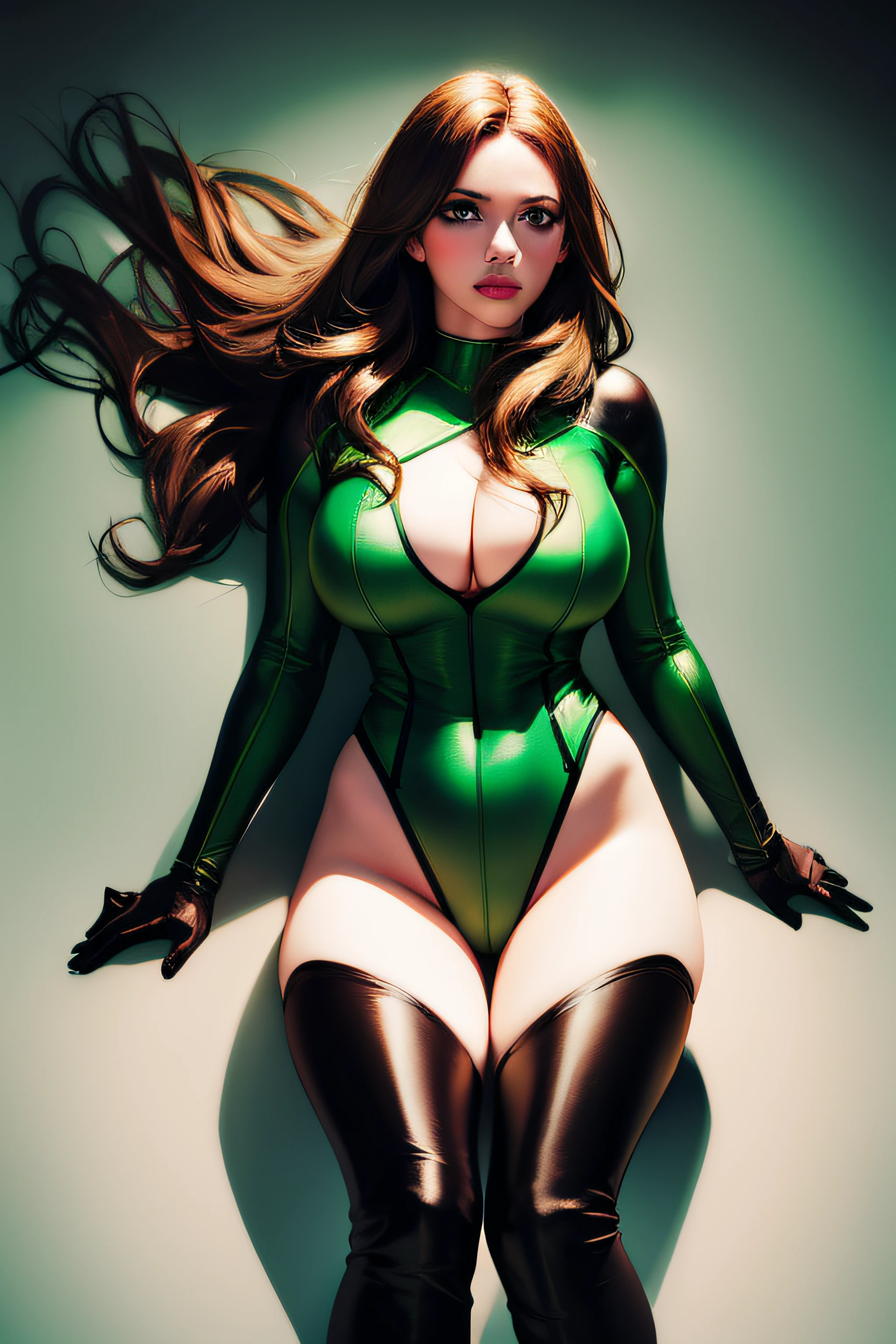 a beautiful superheroine, has brown hair, green eyes, green leotard with a black outer rim, the leotard has an opening on the chest area, a red “H” on each side of the shoulder part of the outfit. Red cape, red belt with a golden medal in the center, wears high knee boots that are black on the top and green on the bottom portrait photography by artgerm, in the style of realism, glistening skin, cartooncore, mangacore, natural lighting, Defined full lips. Muscular fitness feminine body