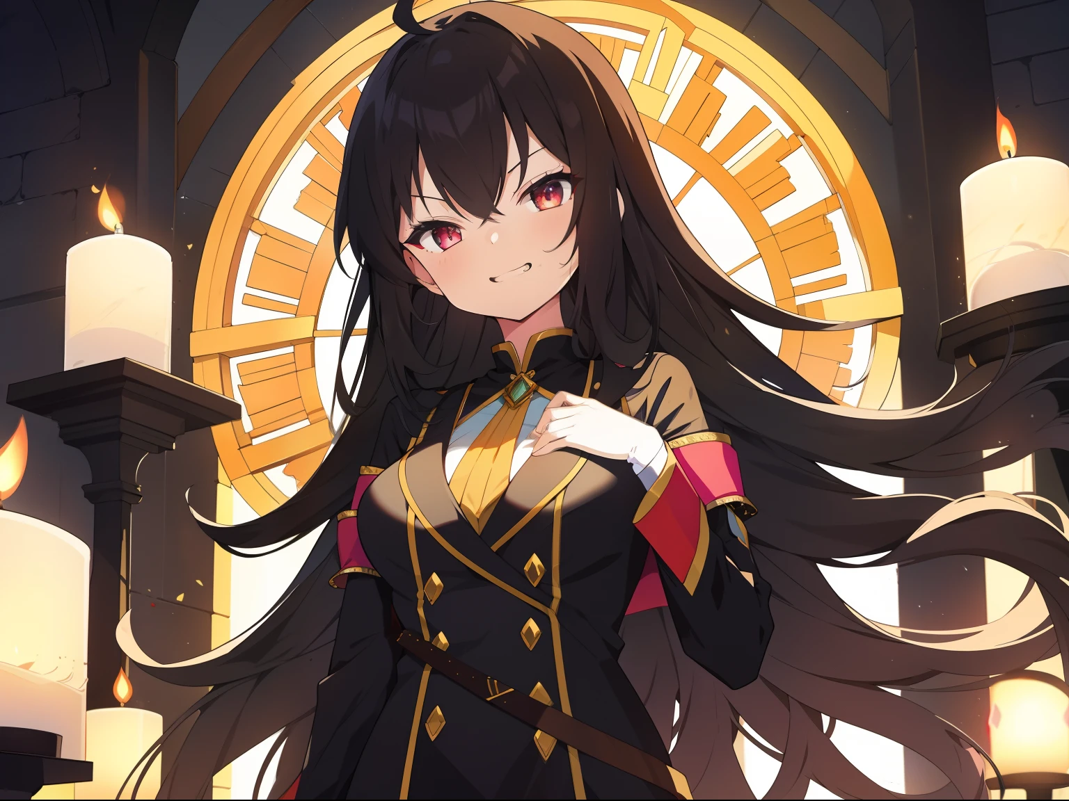 bright look,The smile is bright,Long black hair shawl。She loves to tease,And with a smug look。Dressed in brightly colored court costumes。Background with:Inside the magnificent palace,Candles flicker,The atmosphere seemed warm and oppressive。