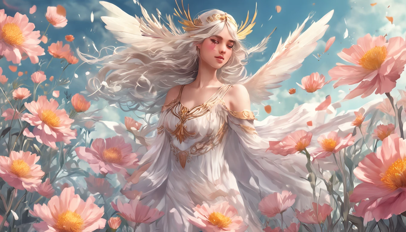 Beautiful Valkyrie in a flower field, angelic wings on her back, Feathers flutter in the wind, full bodyesbian, prime time, Anime style