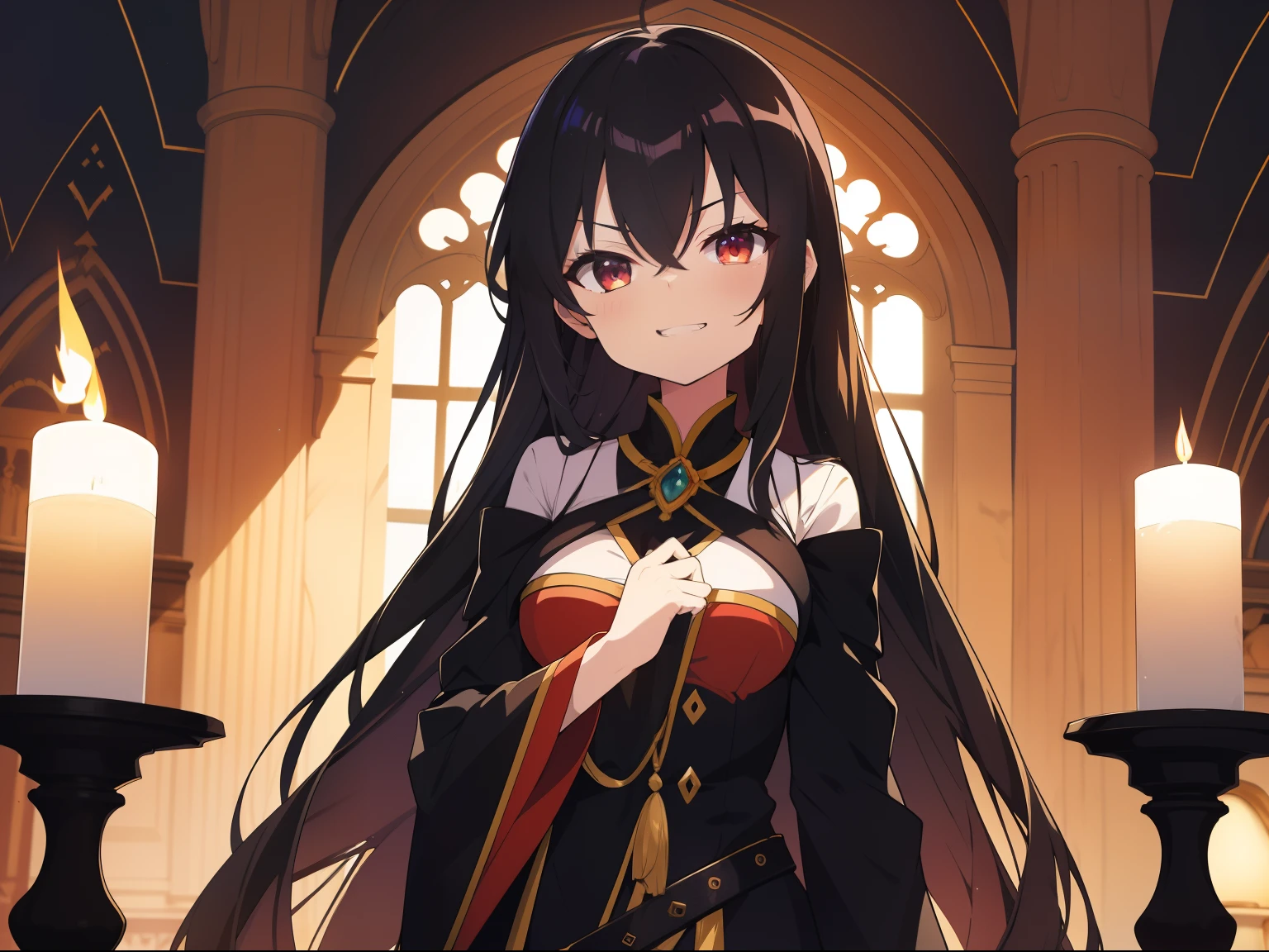 bright look，The smile is bright，Long black hair shawl。She loves to tease，And with a smug look。Dressed in brightly colored court costumes。Background with：Inside the magnificent palace，Candles flicker，The atmosphere seemed warm and oppressive。