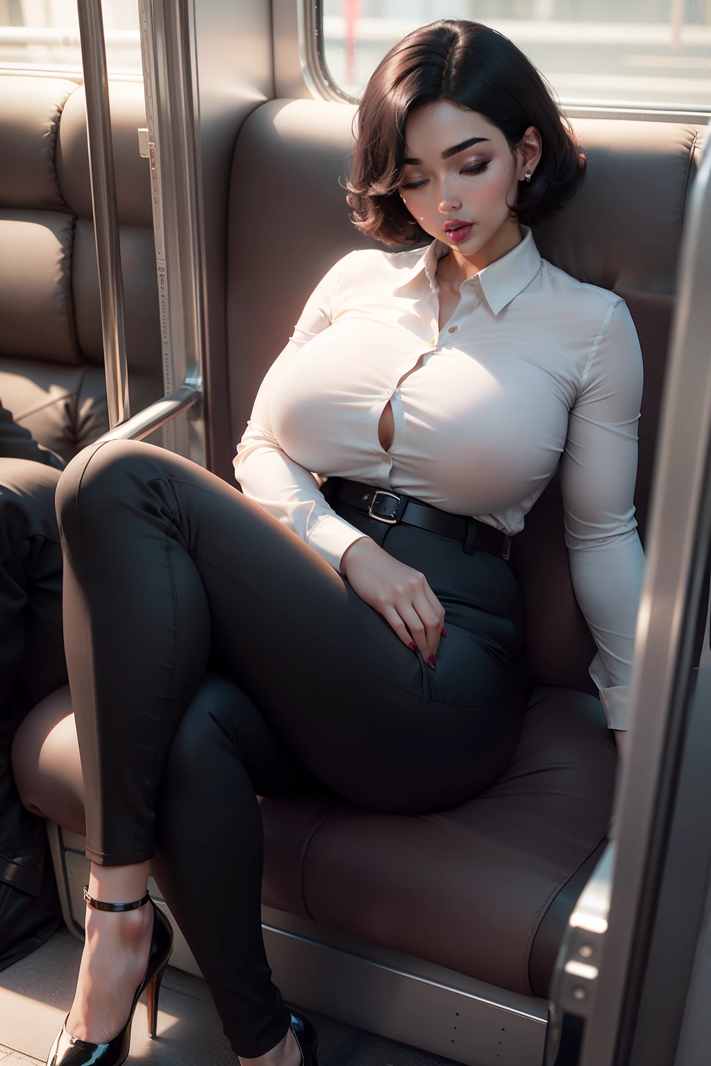 1 beautiful woman, large body, short hair, maroon lips, made-up eyelids, white shirt, button-down shirt, long-sleeved shirt, neckline, black pants, striped pants, black pants, black shoes, shoes with heels, black bag, sleeping sitting on the bus, mouth open, eyes closed