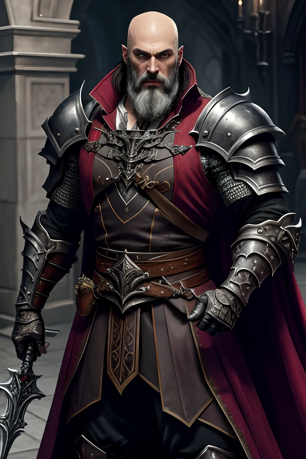 (8k, photo RAW, beste-Qualit, master piece: 1.2), ultra-detailed, art formel, photorealism: 1.37, plan du haut du corps, DC , (8k, photo RAW, beste-Qualit, master piece: 1.2), Castlevania Lord of the shadows bald beard muscular handsome full body armor
