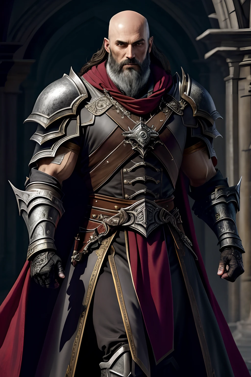 (8k, photo RAW, beste-Qualit, master piece: 1.2), ultra-detailed, art formel, photorealism: 1.37, plan du haut du corps, DC , (8k, photo RAW, beste-Qualit, master piece: 1.2), Castlevania Lord of the shadows bald beard muscular handsome full body armor