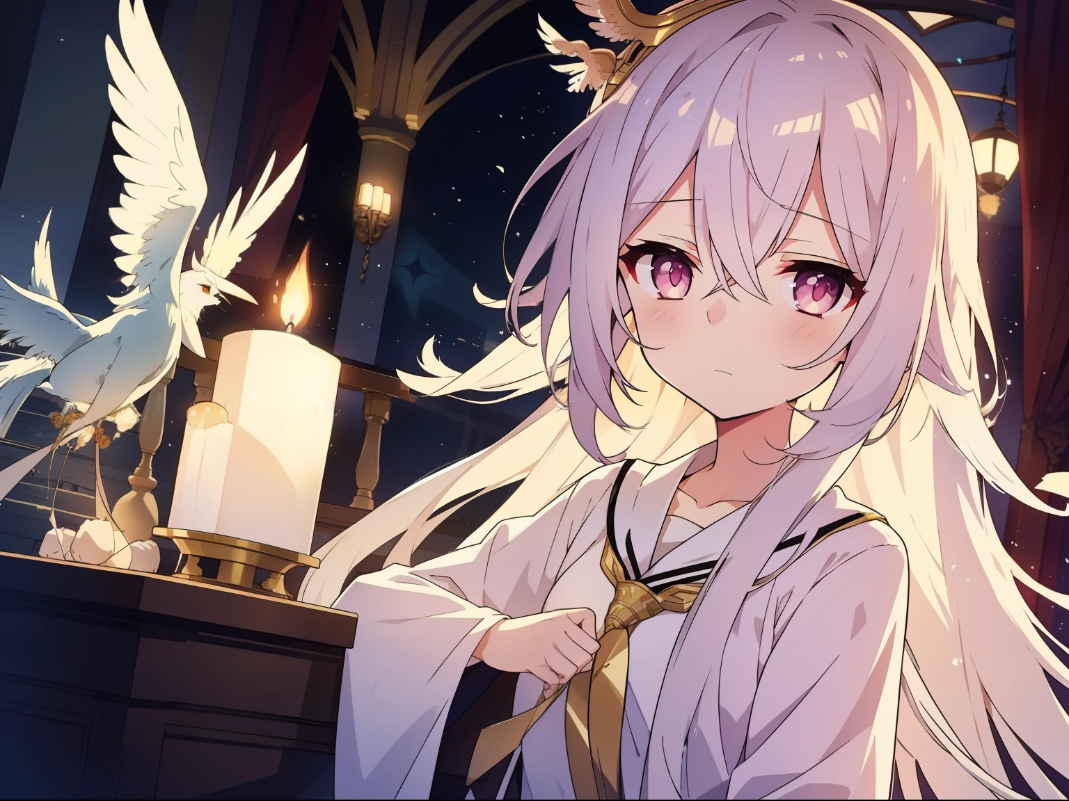 Long white hair shawl，A beautiful face，But the expression is sad，Wearing a gorgeous phoenix crown。The scene can be her dormitory，There was a candlelit atmosphere。
