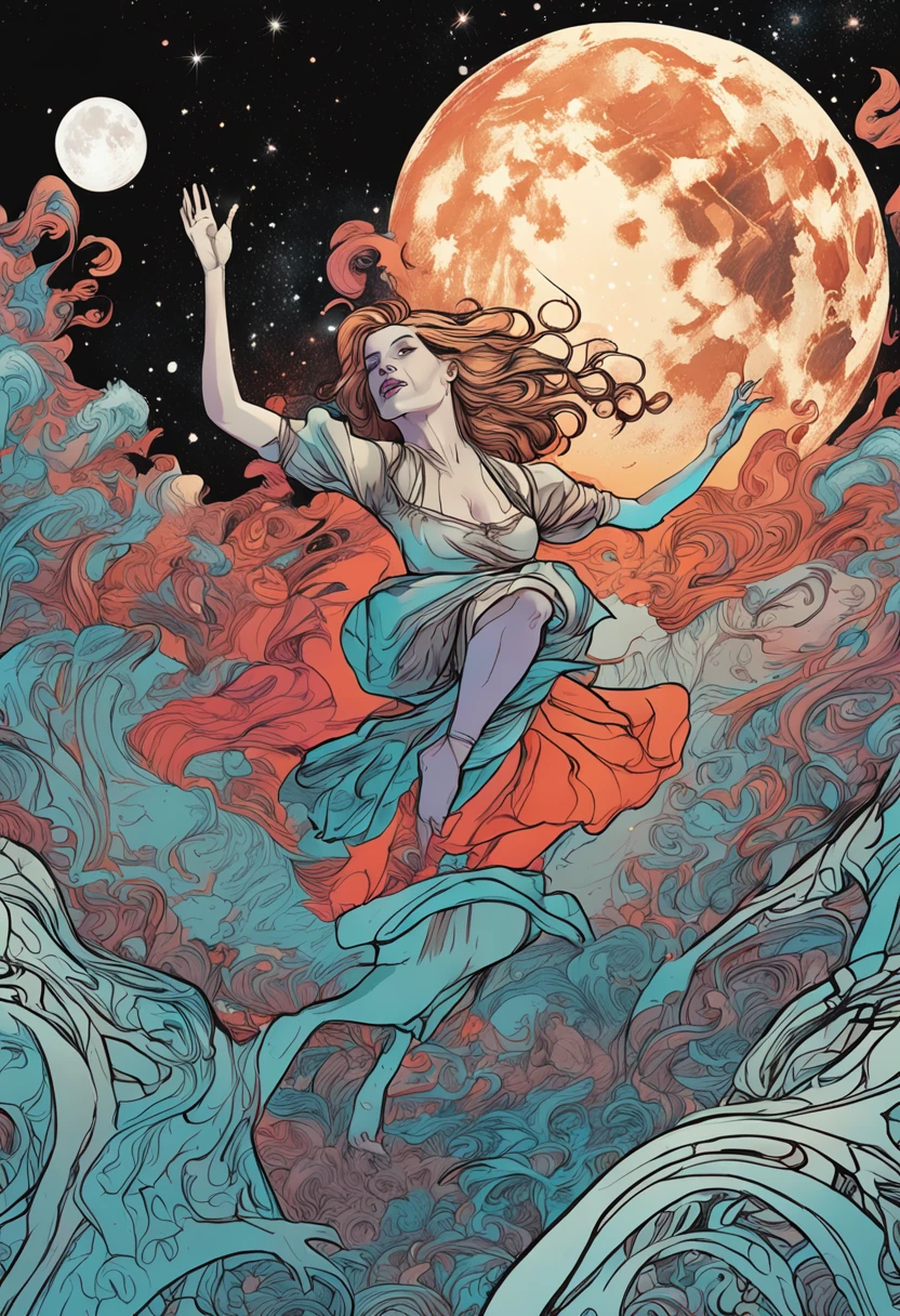 (Glowing ambiance, enchanting radiance, luminous lighting, ethereal atmosphere, mesmerizing glow, evocative hues, captivating coloration, dramatic lighting, enchanting aura), ink painting, ((moon:1)), (masterpiece, top quality, best quality, official art, beautiful and aesthetic:1.2), (1girl:1.4), extreme detailed,(joshua middleton comic cover art:1.2), (Action painting:1.3),(concretism:1.3),theater dance scene,(hypermaximalistic:1.5),colorful,highest detailed,