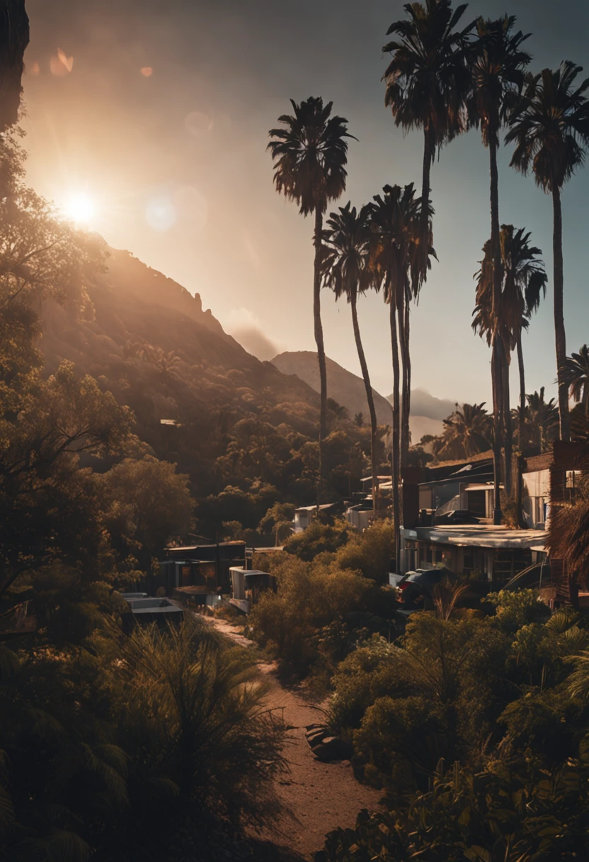 building, city, nature, sky, sunset, tree, twilight, cinematic shot + dynamic composition, incredibly detailed, sharpen, details + intricate detail + professional lighting, film lighting + 35mm + anamorphic + lightroom + cinematography + bokeh + lens flare + film grain + HDR10 + 8K + Roger Deakins, ((cinematic))