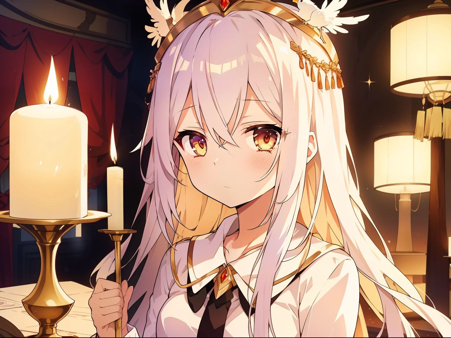 Long white hair shawl，A beautiful face，But the expression is sad，Wearing a gorgeous phoenix crown。The scene can be her dormitory，There was a candlelit atmosphere。
