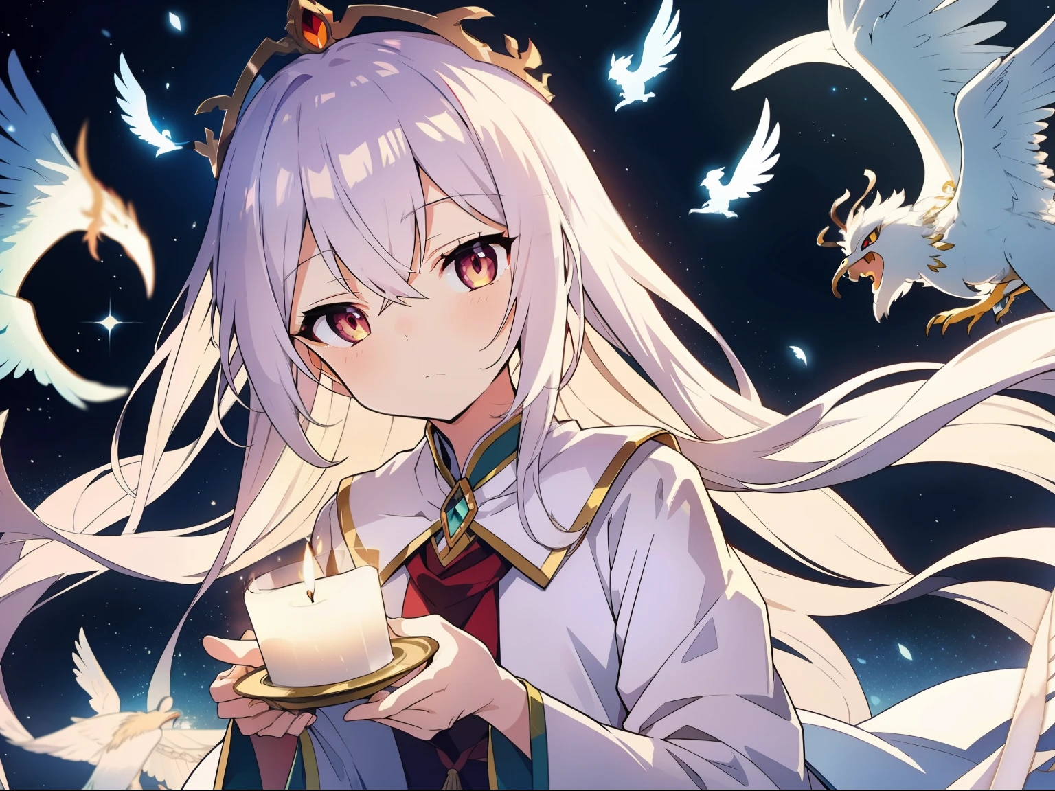 Long white hair shawl，A beautiful face，But the expression is sad，Wearing a gorgeous phoenix crown。The scene can be her dormitory，There was a candlelit atmosphere。