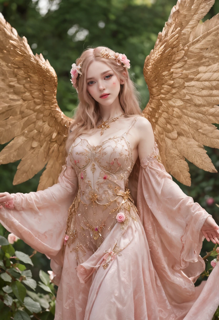 mature_female, YorForger, jewelry, looking at the viewer, hollow, abyss, church, catholic, angel,fairy,universe, glitter, holo, mary, glint, gradient, overlay, shadow, grand, flowers, sparkle flowers, golden hair, (wings), full body, midriff, shirt, red eyes, hips, navel, sidelocks, golden heels, fog, pink rose, red rose, rosemary, parrot, green wings, water, hair, horns, lips out, galaxy eyes, flowers, garden