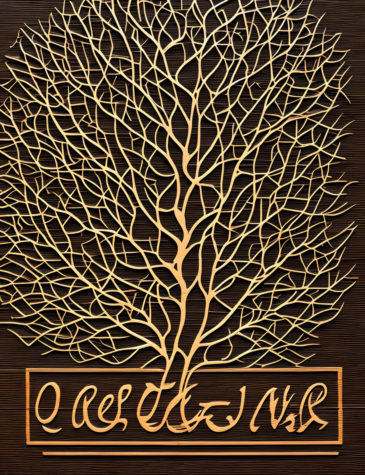 A minimalist composition in earthy tones, featuring a stylized silhouette of a tree carved into clean and elegant strokes. The tree is composed of lines that intertwine delicately, symbolizing the connection between tradition and innovation. Below the tree, o nome "Marcenaria Vanguarda" is written in a modern font, transmitting sophistication and contemporaneity.