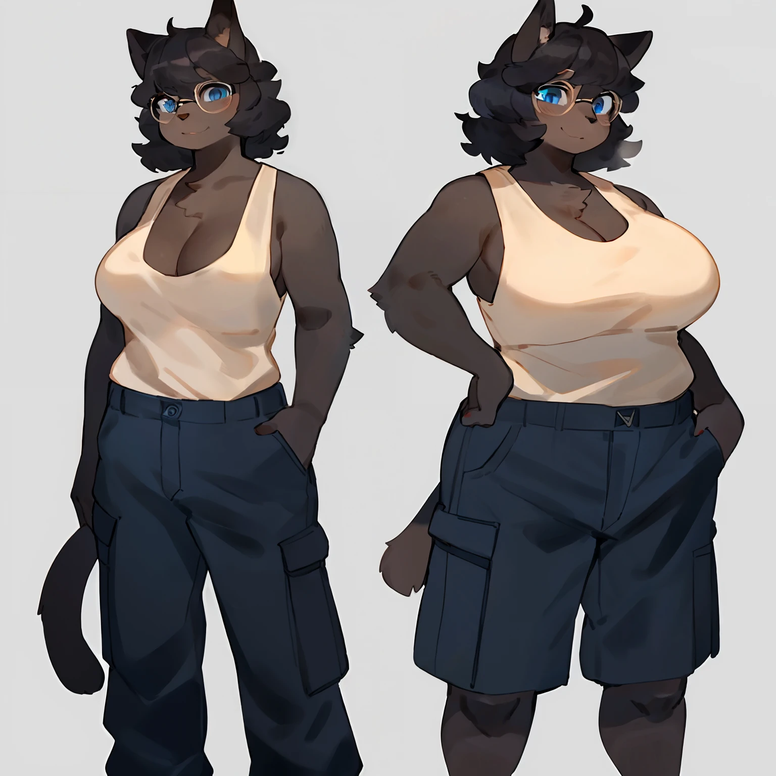 by bebebebebe, by goonie-san, by bigcozyorca, by buta99, solo, female, standing, feline, (((detailed eyes, glasses))), plump, medium hair, ((snout)), tail, smoky colored fur, grey fur, dark fur, black hair, ((wavy hair, short hair, swept fringe)), blue eyes, blue, black baggy cargo pants, yellow tank top, cleavage