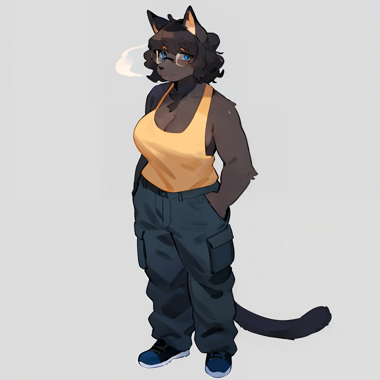by bebebebebe, by goonie-san, by bigcozyorca, by buta99, solo, female, standing, feline, (((detailed eyes, glasses))), plump, medium hair, ((snout)), tail, smoky colored fur, grey fur, dark fur, black hair, ((wavy hair, short hair, swept fringe)), blue eyes, blue, black baggy cargo pants, yellow tank top, cleavage