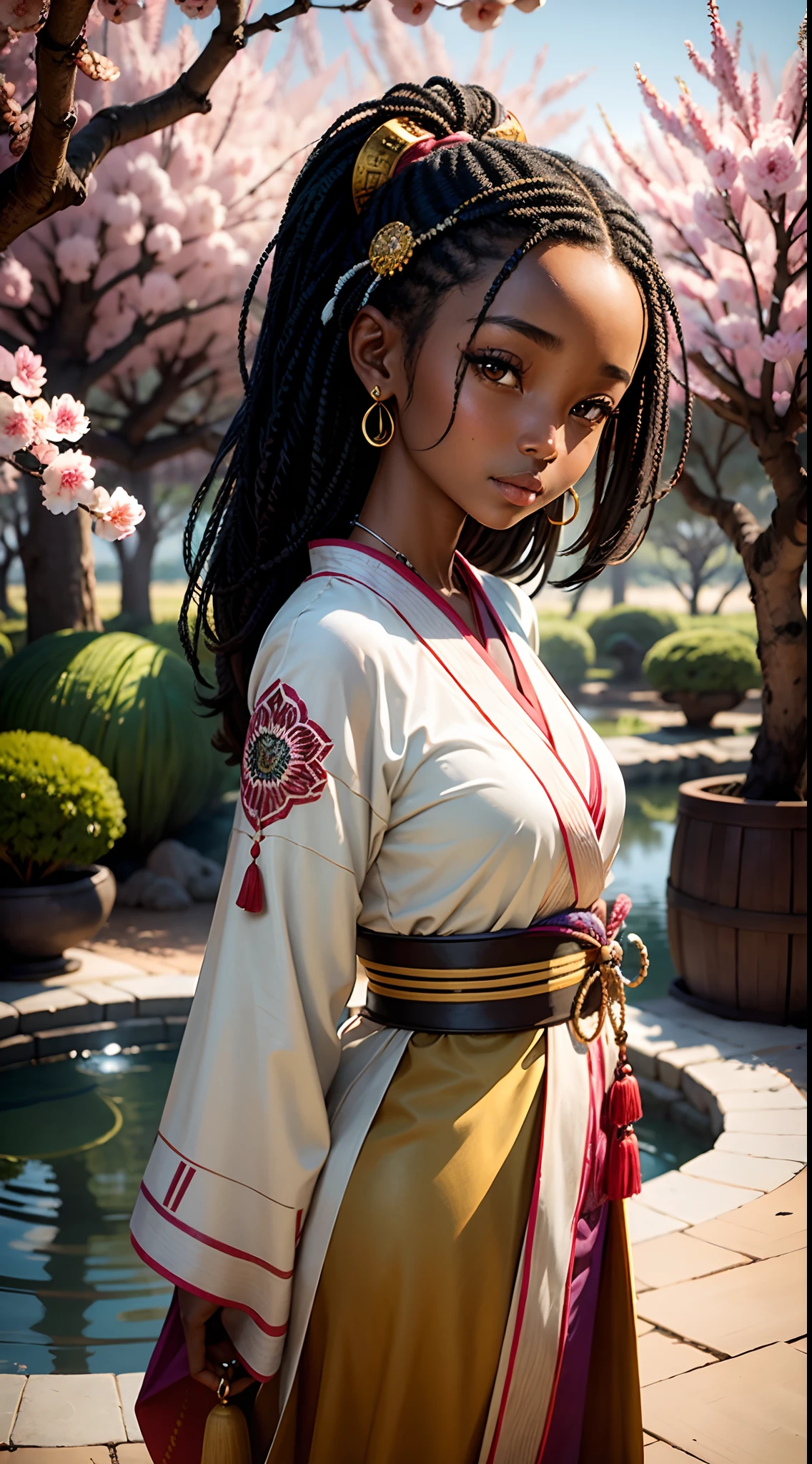 Imagine a captivating painting, sculpture, or digital artwork that celebrates the unique beauty and cultural fusion of a young girl of East Asian (Japanese) and Central African (South Sudanese) descent.
Visual Elements:
1. Portrait: Create a central focus on the girl's face, emphasizing her striking features that reflect her East Asian and Central African heritage. Illustrate her almond-shaped eyes, dark skin, nubian nose, african lip, delicate facial structure, and a warm, radiant smile, evoking a sense of grace and inner strength.
2. Cultural Attire: Dress the girl in a combination of traditional Japanese and South Sudanese garments. Combine the elegance of a Japanese kimono with vibrant and colorful fabrics found in South Sudanese cultural attire, such as a beautifully patterned headwrap or a vibrant tribal-inspired necklace. These elements should symbolize the girl's roots and honor both her ancestral lineages.
3. Symbolic Imagery: Incorporate symbolic elements that represent the merging of Japanese and South Sudanese cultures. For example, in the background, include cherry blossom trees, symbolizing Japan's beauty and transience, gently blending with African baobab trees, representing longevity and strength. Additionally, consider incorporating other symbolic elements like koi fish swimming alongside African wildlife, signifying the coexistence of two vibrant ecosystems.
4. Background: Set the artwork against a backdrop that blends elements from both East Asian and Central African landscapes. Merge elements like serene Japanese gardens, with their meticulous arrangements of stones and water features, alongside vast African savannahs with silhouettes of animals like elephants or giraffes. This integration showcases the harmony between different natural environments, mirroring the girl's harmonious heritage