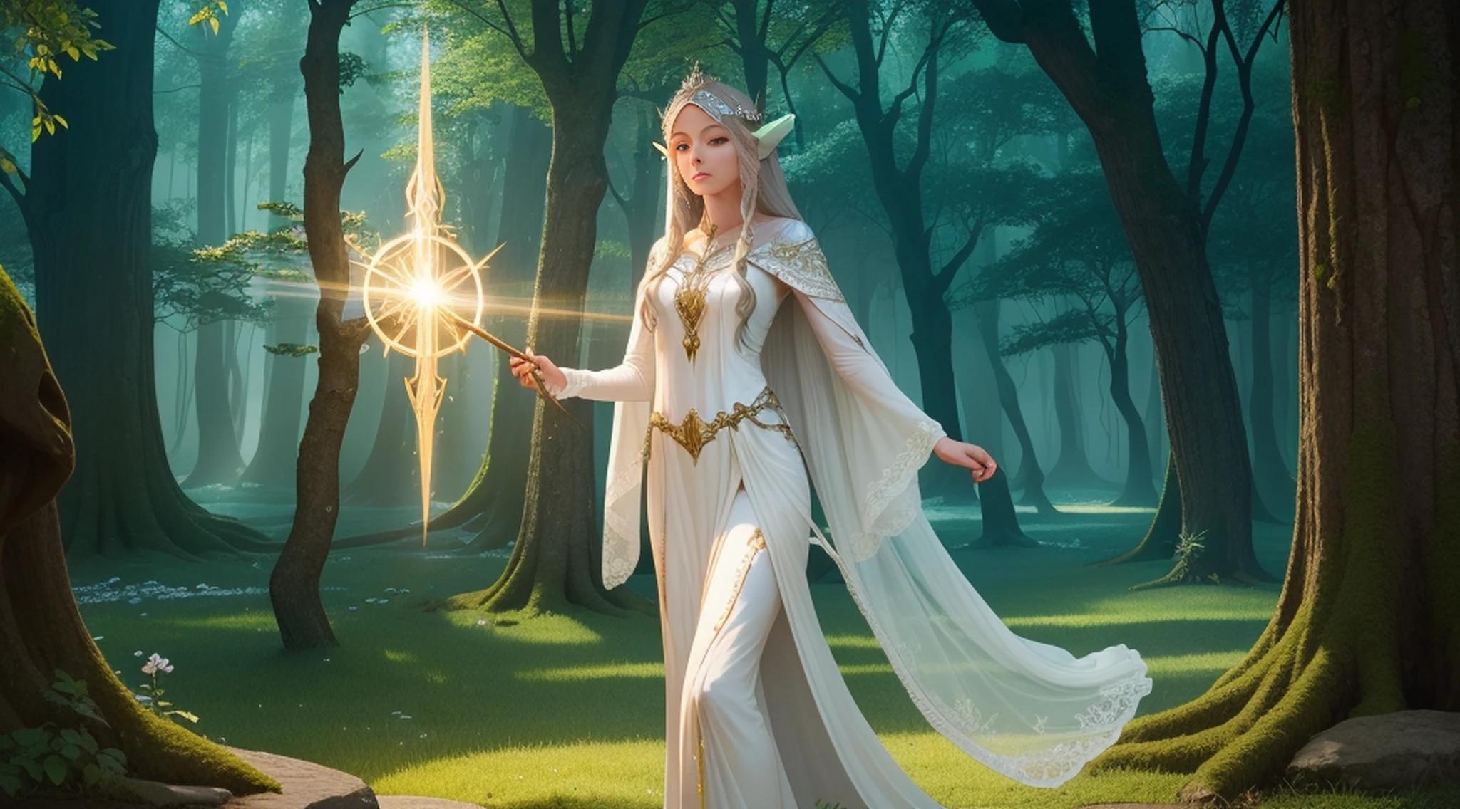 "Create an illustration of an elf in a stunning setting. A elfa deve ser retratada com graciosidade, using a staff of light in your hands. Your appearance should reflect the harmony between nature and magic. Your long, flowing hair should flow like the breeze itself, while his ethereal robes dance in the wind. (The scenery around the elf should be an environment of exceptional beauty, with tall and majestic trees, flores desabrochando e riachos serpenteantes. A luz dourada do sol poente deve banhar toda a cena, Creating a magical and serene environment.), The staff of light she holds in her hands should shine with a soft, ethereal aura, illuminating your focused, confident expression. Your posture should convey a deep connection to the natural elements and magic, Capturing the enchanting and magical atmosphere of this elf and the scenery around her."