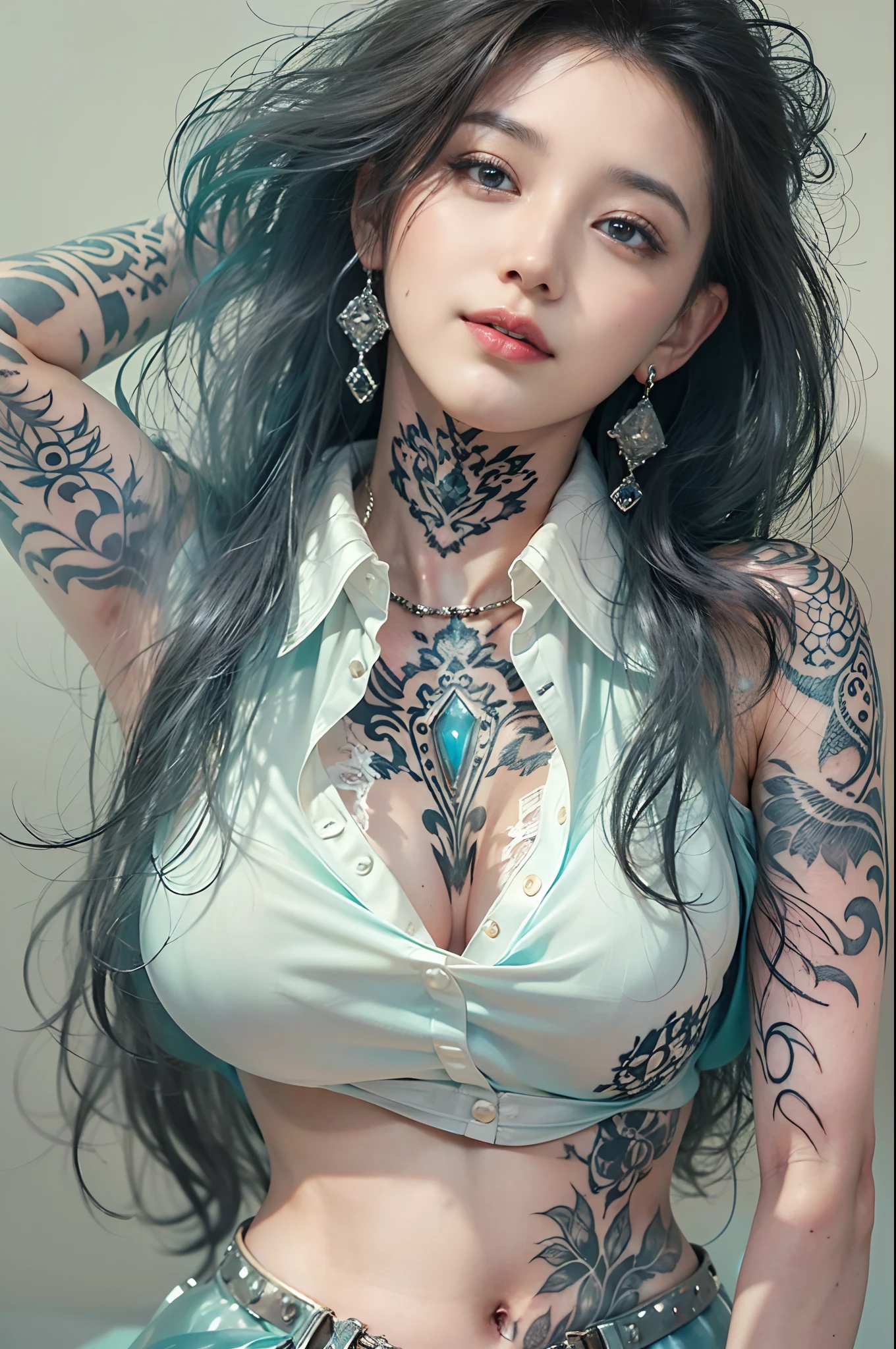 Thai-Chinese style ,  teenage girl(naked +Moi), Tall, beautiful, well-proportioned body, Six-pack abs, chestbig, Mandala _tattoo, old_school_tattoo, Crop_highest, Long green hair, penetration_tits, Punk_set, watch_over_shoulder, big_chest,