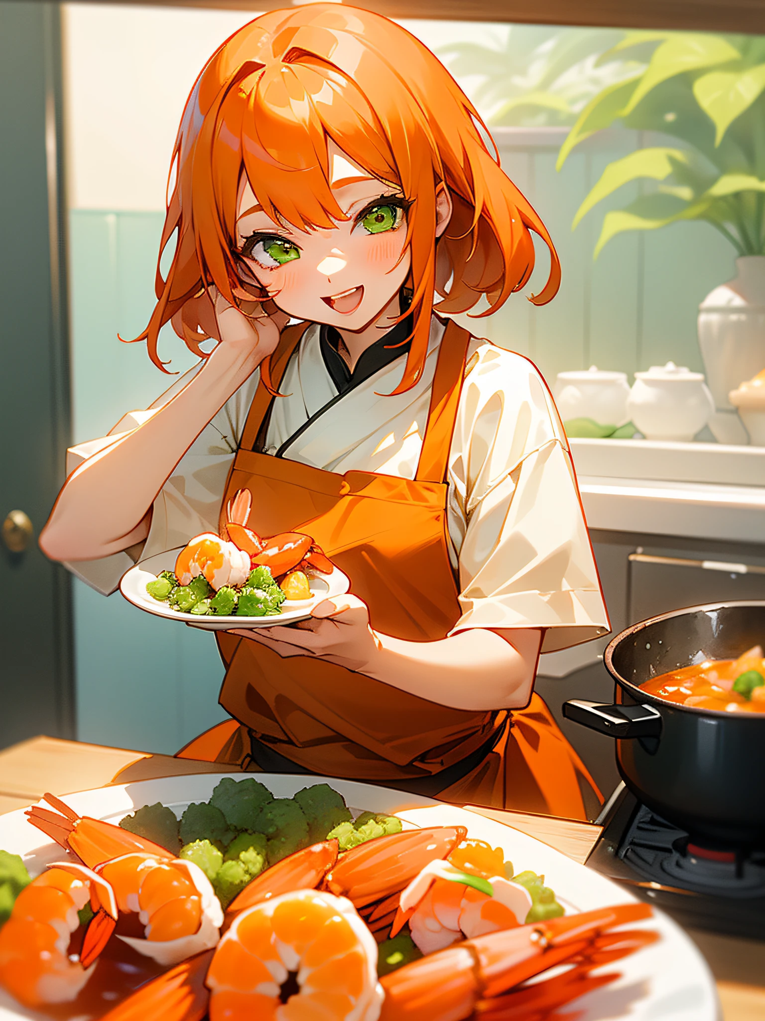 (1girl in、独奏、Competing Art、Orange hair、Green eyes、Laugh、Cooking in the kitchen、Shrimp dishes on a plate)