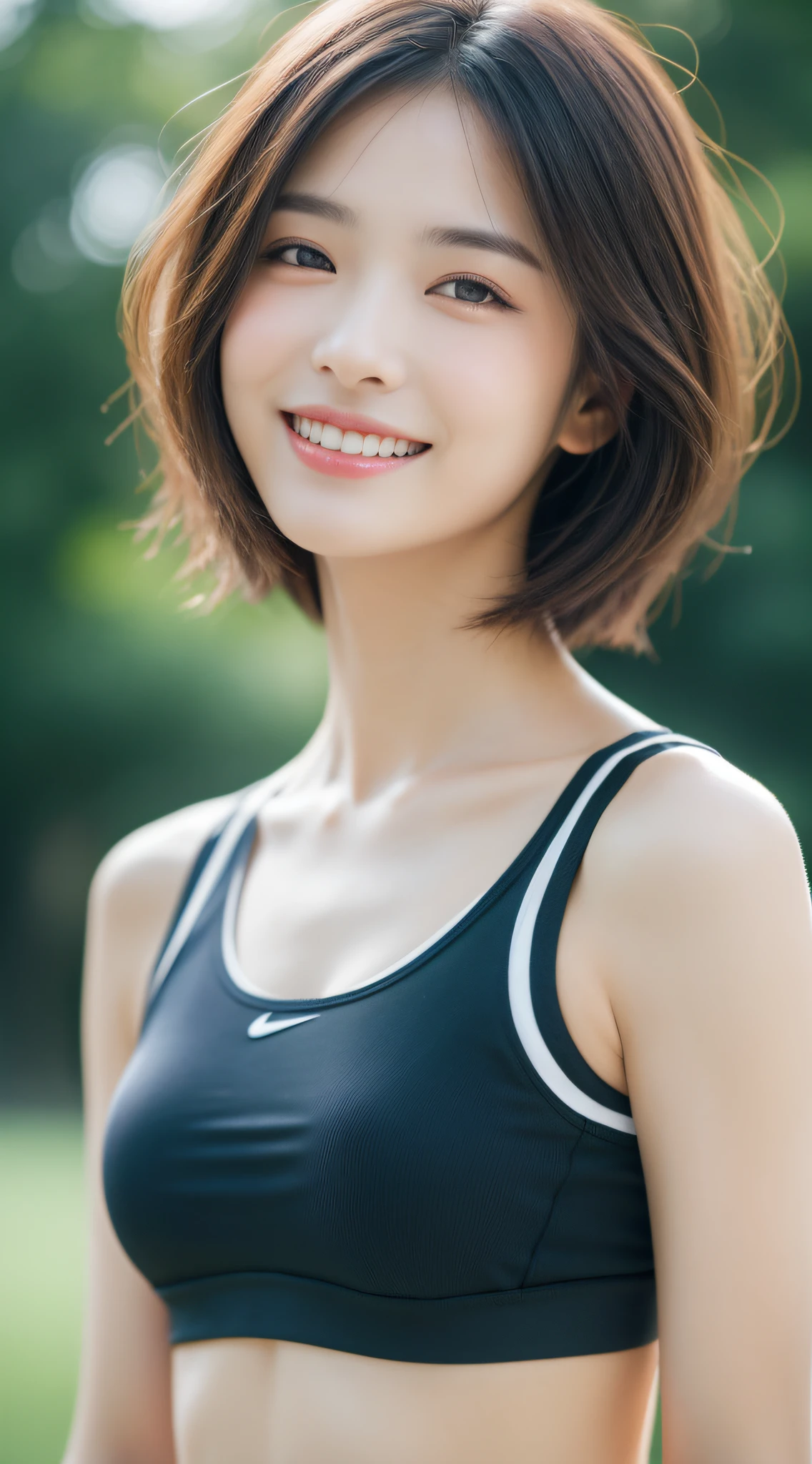 ((Top Quality, 8k, Masterpiece: 1.3)), Sharp Focus: 1.2, Perfect Body Shape Pretty Woman: 1.4, Slender Abs: 1.2, (Layered Haircut, Big: 1.8), (Sports Bra: 2.0), (Jogging: 1.8), (Street: 1.2), Highly Detailed Face and Skin Texture, Detailed Eyes, Double Eyelids, Smile, Bokeh,