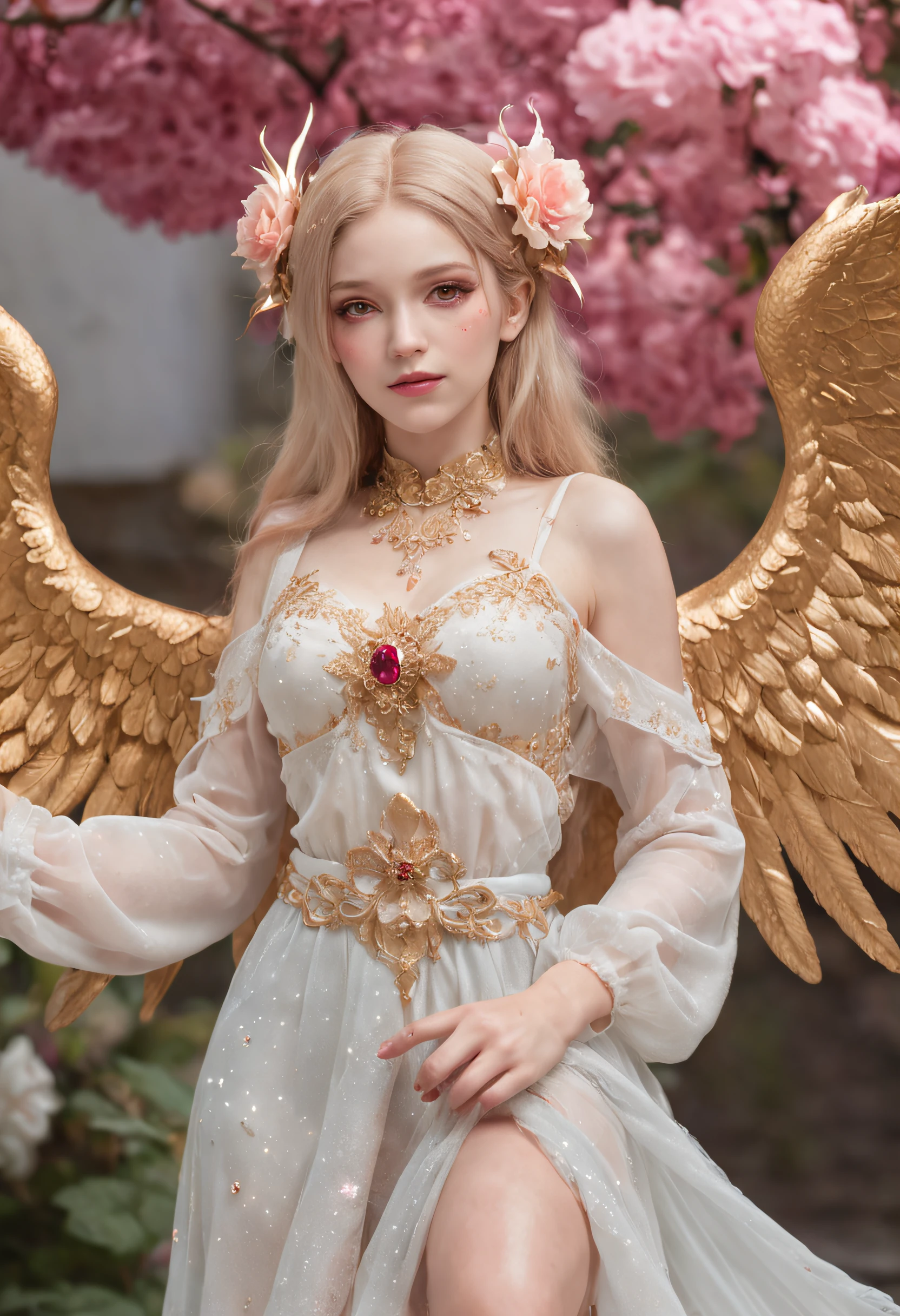 mature_female, YorForger, jewelry, looking at the viewer, hollow, abyss, church, catholic, angel,fairy,universe, glitter, holo, mary, glint, gradient, overlay, shadow, grand, flowers, sparkle flowers, golden hair, (wings), full body, midriff, shirt, red eyes, hips, navel, sidelocks, golden heels, fog, pink rose, red rose, rosemary, parrot, green wings, water, hair, horns, lips out, galaxy eyes, flowers, garden