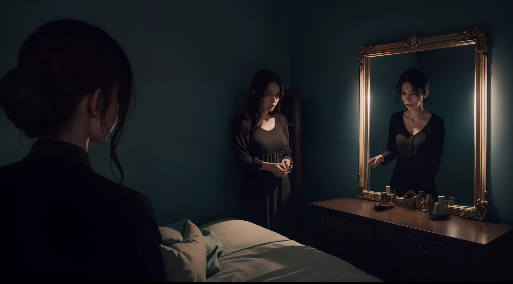 Woman waking up in the middle of the night having nightmares, night terrors, Shadows in the mirror, terror, nightmares, scared woman, cursed mirror, realistic image