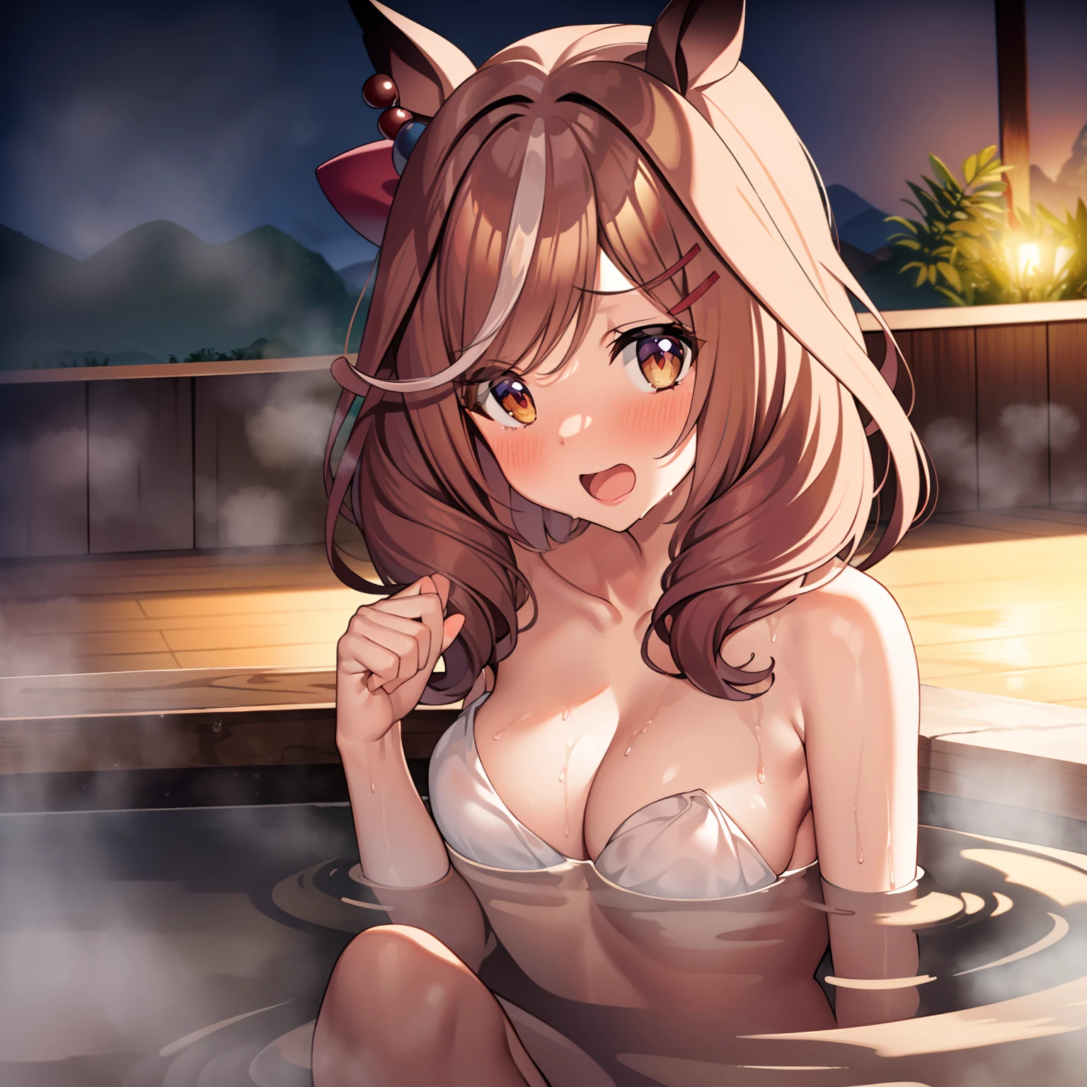 umamusume,masterpiece,detailed, onsen,embarrassed,{{nude}},small medium breasts,wet,umamusume,looking at viewer,screaming,surprised,cleavage, towel,upper body,