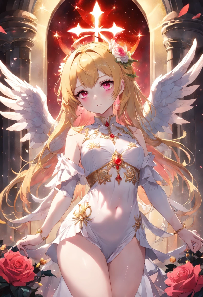mature_female, YorForger, jewelry, looking at the viewer, hollow, abyss, church, catholic, angel,fairy,universe, glitter, holo, mary, glint, gradient, overlay, shadow, grand, flowers, sparkle flowers, golden hair, (wings), full body, midriff, shirt, red eyes, hips, navel, sidelocks, golden heels, fog, pink rose, red rose, rosemary, parrot, green wings, water, hair, horns, lips out, galaxy eyes, flowers, garden