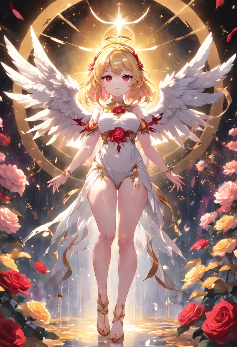 (((1girl))), ((best quality)), ((masterpiece)), ((ultra-detailed)), (illustration), (detailed light), (an extremely delicate and beautiful), (beautiful detailed eyes), (sunlight), ((extremely light)),  ((extremely clothes)), (((hyper detail))),

(((extra beautiful and elegant white clothes))),
((angel)), (((angel wings))), (((angel halo))),

wavy manish bob, ((((yellow blond hair)))),  (((short hair))),
((((deep red eyes)))), 

(((whole body))), aged 13 to 16, 
(((condescending expression))), ((mischievous smile with sexual satisfaction)),  (((extra adorable))), (((extra slender shape))), 
(((extremely beautiful detailed face))),

((floating on the magic circle)), ((erotic eyes with sexual satisfaction)),

((exposed silky white panties)), ((())), 
(((((Dutch angle))))),  
(((extremely thin thighs))), (((dark brown long stockings))),