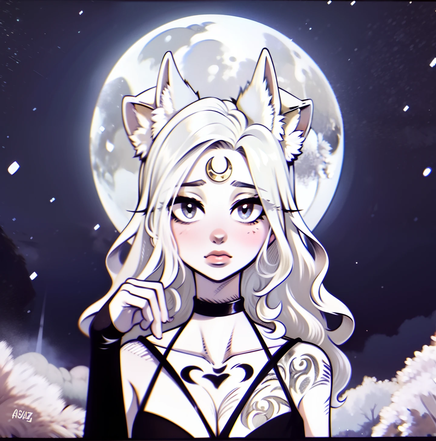 (Anthropomorphic wolf cute cub) orelhas de lobo,com jaqueta preta, olhos rosa e branco , heterocromia nos olhos ,cabelo platinado cacheados com pontas roxas, Hairstyle of two buns and curly hair loose and medium,bad girl, Moon birthmark on forehead 🌕🌙, Hibrido,jovem, retrato, busto, postura de frente para a camera, Cartoon, vestido como  uma vesater roqueira metaleira dos anos 80 obra prima, postura de confiante, youtuber, fleshy lips , piercings no nariz e nas orelhas de lobo, tatuagens pelo corpo, tattoo de lua 🌙 acima dos seios,asas de anjo negro nas costas, and dark purple necklace on neck, Hand with drag glove