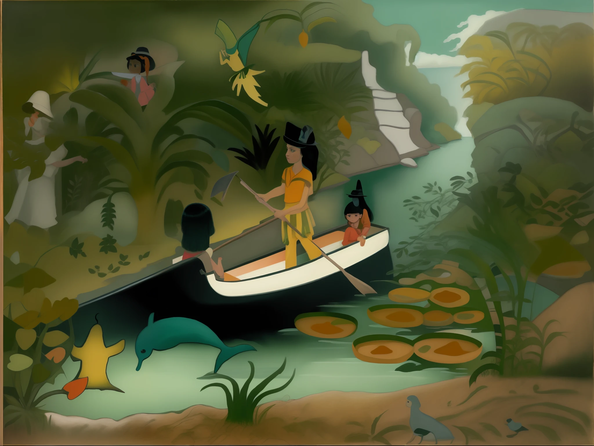 Painting of a woman and two children on a boat on a lagoon, No estilo de Henri Rousseau, inspirado em Henri Rousseau, cena da selva, inspirado em Georges Lacombe, inspirado em Ludwig Bemelmans, em um rio na selva, inspired by Théodore Rousseau, inspirado em Bhupen Khakhar, pintura misteriosa da selva, inspirado em Dora Carrington