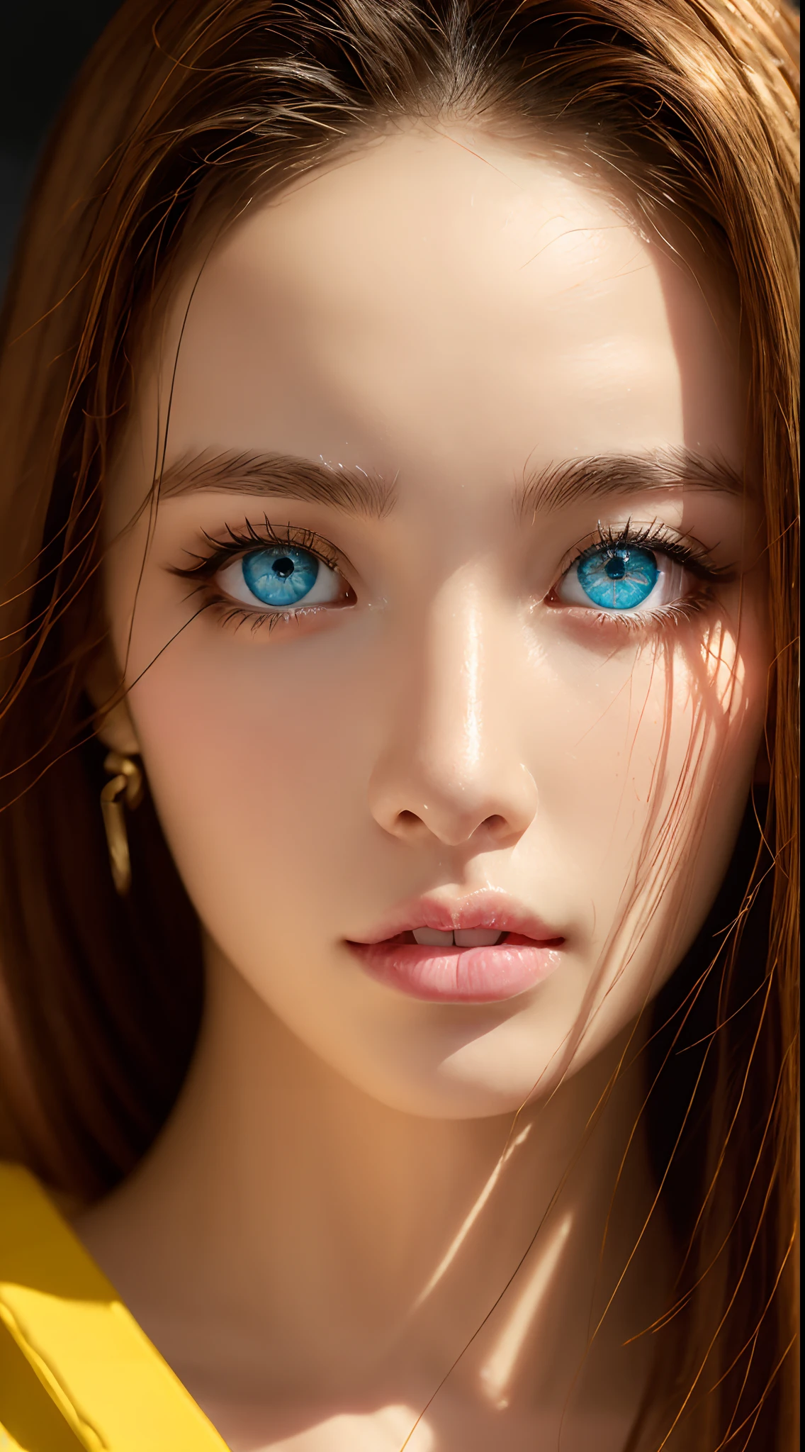 hyper HD，Textured skin，16K High Resolution，Wallpapers，partial underwater shot，Blonde beauty with long hair，upturned corners of the mouth，The upper part of the body，long eyelasher，Crystal earrings，（Pink star-shaped pupils，eBlue eyes，Detailed depiction of close-up of the eyes），Yellow swimsuit，Glow skin details，Good water pipes，Reflected light effect
