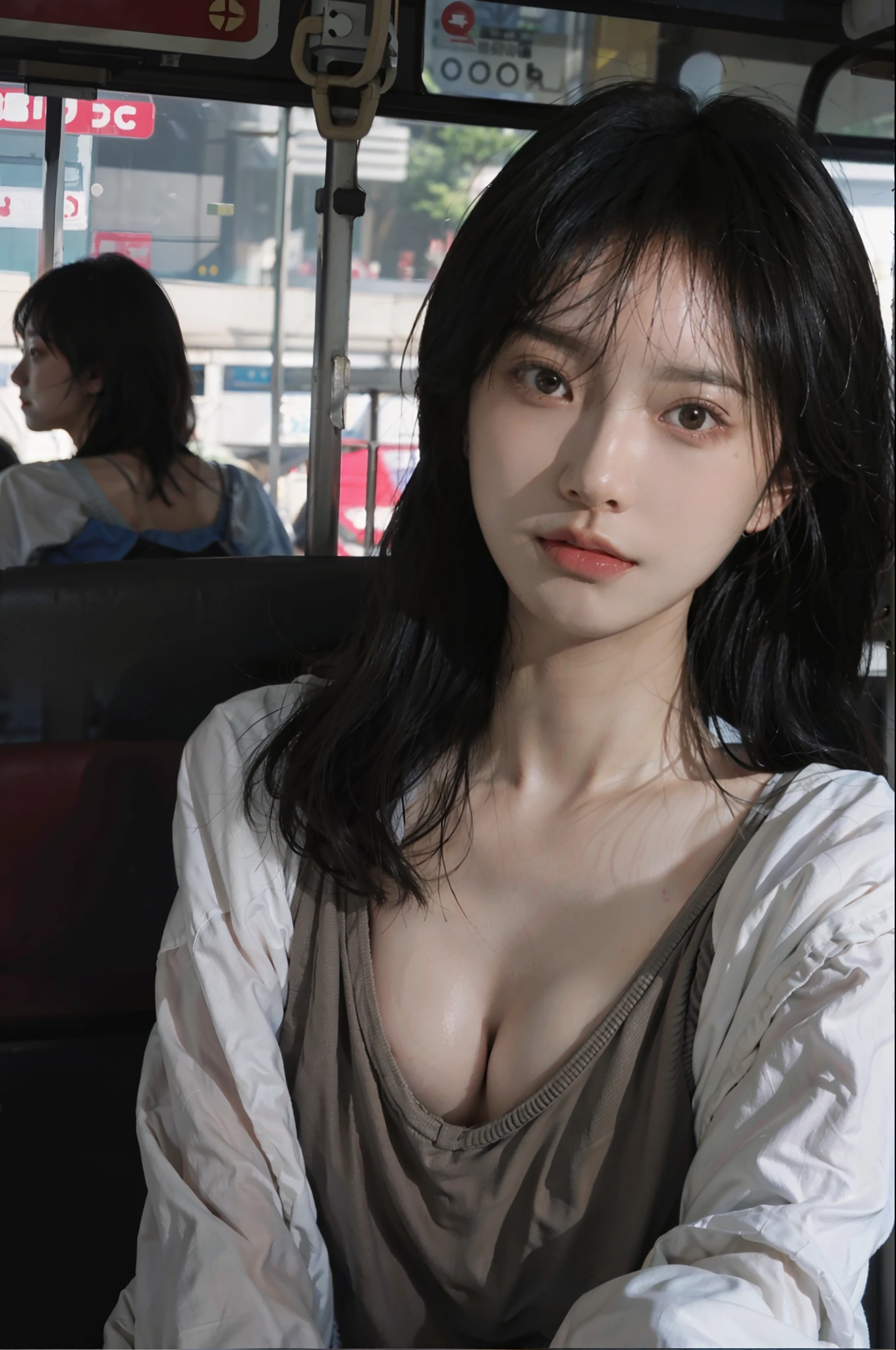 8K,best qualtiy,tmasterpiece,超高分辨率,(真实感:1.4),RAW photogr,(True skin texture:1.3),(filmgrain:1.3),(Selfie angle),1个Giant Breast Girl,Beautiful eye and face details,tmasterpiece,Best quality at best,closeup cleavage,leisure wear,On the bus,
