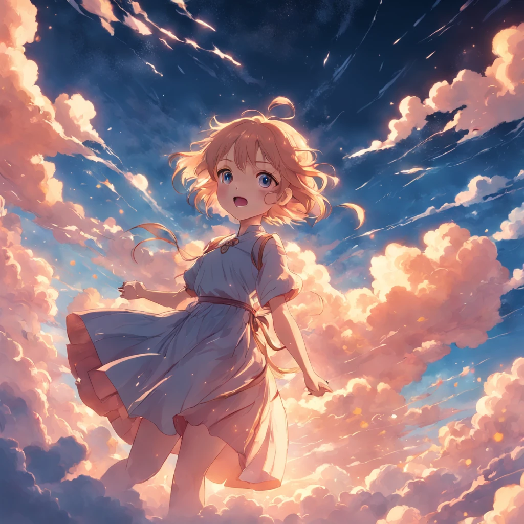 masterpiece, best quality, movie still, 1girl, cloud girl, floating in the sky, close-up, bright, happy, warm soft lighting, sunset, (sparks:0.7)
