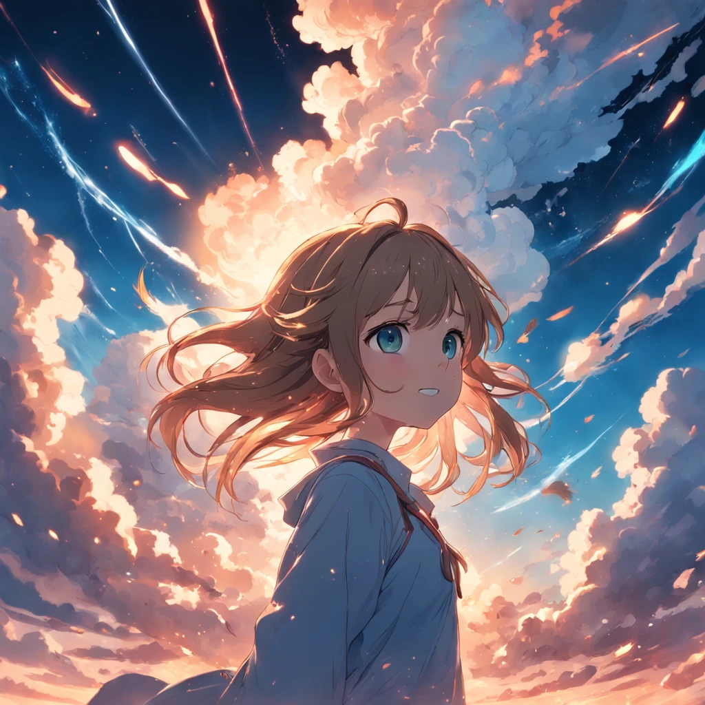 masterpiece, best quality, movie still, 1girl, cloud girl, floating in the sky, close-up, bright, happy, warm soft lighting, sunset, (sparks:0.7)
