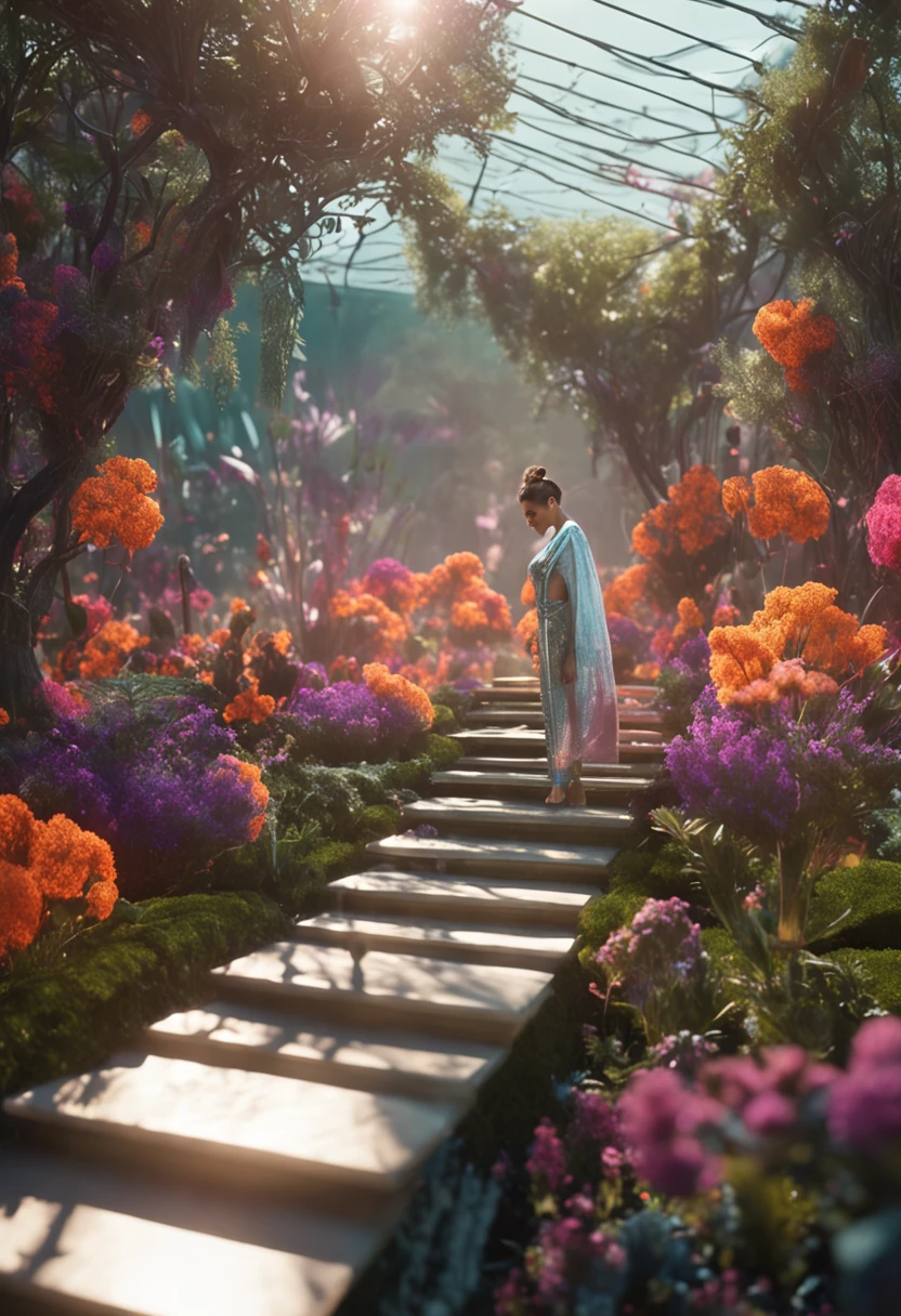 Quantum Garden: Amidst floating gardens and levitating walkways, a woman's futuristic outfit responds to the environment, adapting its colors to the surrounding flora, dynamic pose, dramatic sky, dusk, god rays, Perfect hands,