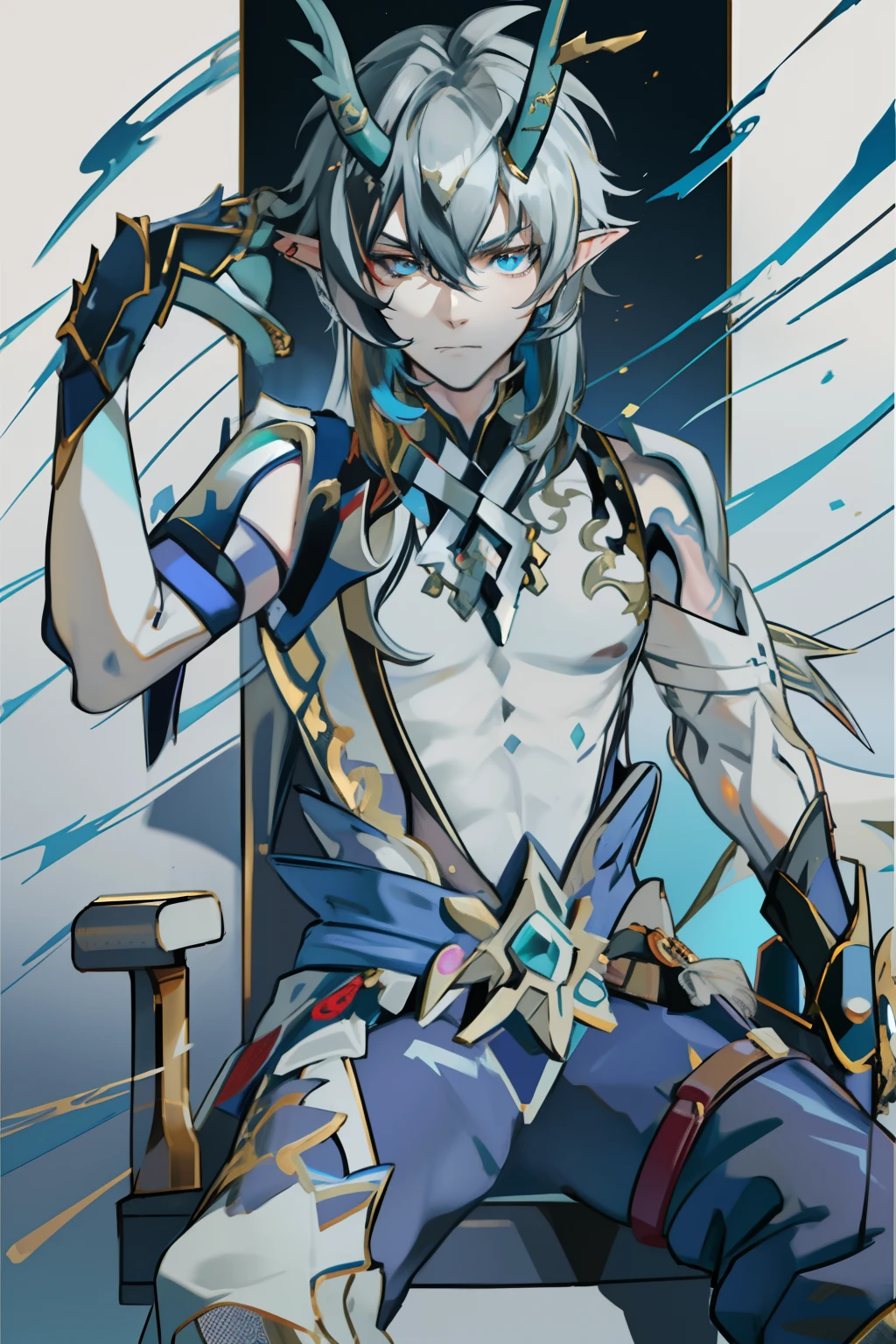 （absurderes，A high resolution，Hyper-detailing，hdr），Dragon's horn，younge boy，tmasterpiece，best qualtiy，1人，独奏，Handsome，Golden eyes，Fine eyes and detailed face，toppless，Tattooed with，arma，seated on a throne，Indifferent and arrogant，Abs，chest muscle，Raised sexy，Ruffian，Show your temperament，Male，masculine appeal，Male characteristics are distinct，Long messy hair，Arrogant，self-assured，Sitting majestically on the throne，Pondering，Legs crossed，white pantie，supreme，Lazy，Handsome，