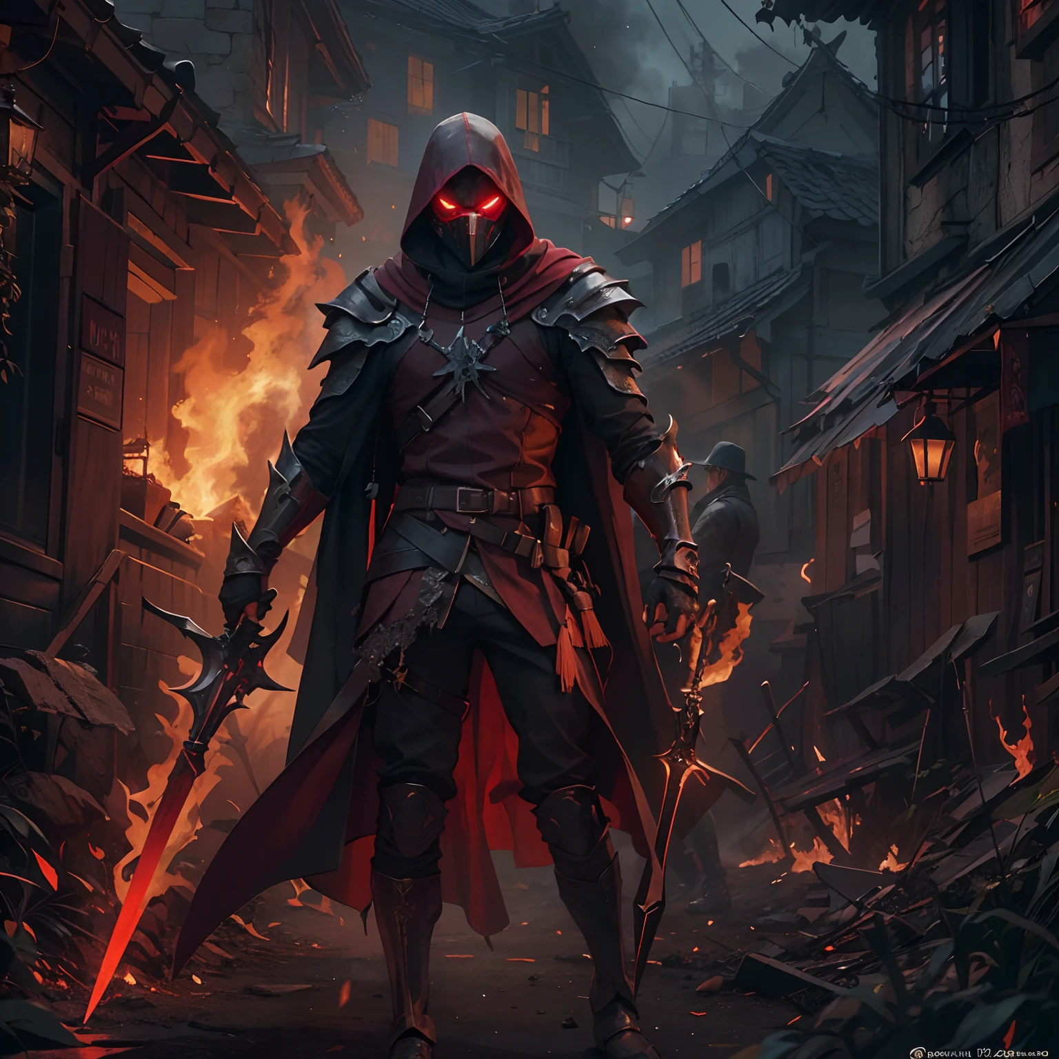 (ultra-detalhado CG unidade 8k papel de parede, master part, best quality, profundidade de campo, HDR, intrincado), alto, Sinister dark assassin wearing a metal mask with bright red eyes of dark and light armor with a discreet red cloak behind with sharp daggers in his arms walking in a burning village, (intrincado: 1.4) (master part: 1.4) (illustration: 1.4), red studio lighting, Post-processing, 8K resolution, fundo escuro, imponente, fotos meticulosamente compostas, impressionante, fantasia sombria (Directed by: Greg Rutkowski: 1.2), (por daarken: 1.5)