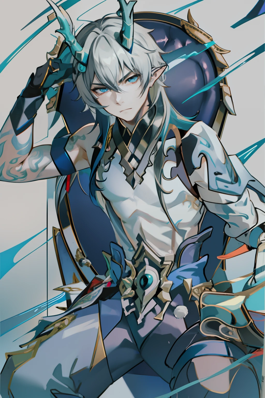 (absurderes,A high resolution,Hyper-detailing,hdr),Dragon's horn,younge boy,tmasterpiece,best qualtiy,1人,独奏,Handsome,Golden eyes,Fine eyes and detailed face,toppless,Tattooed with,arma,seated on a throne,Indifferent and arrogant,Abs,chest muscle,Raised sexy,Ruffian,Show your temperament,Male,masculine appeal,Male characteristics are distinct,Long messy hair,Arrogant,self-assured,Sitting majestically on the throne,Pondering,Legs crossed,white pantie,supreme,Lazy,Handsome,