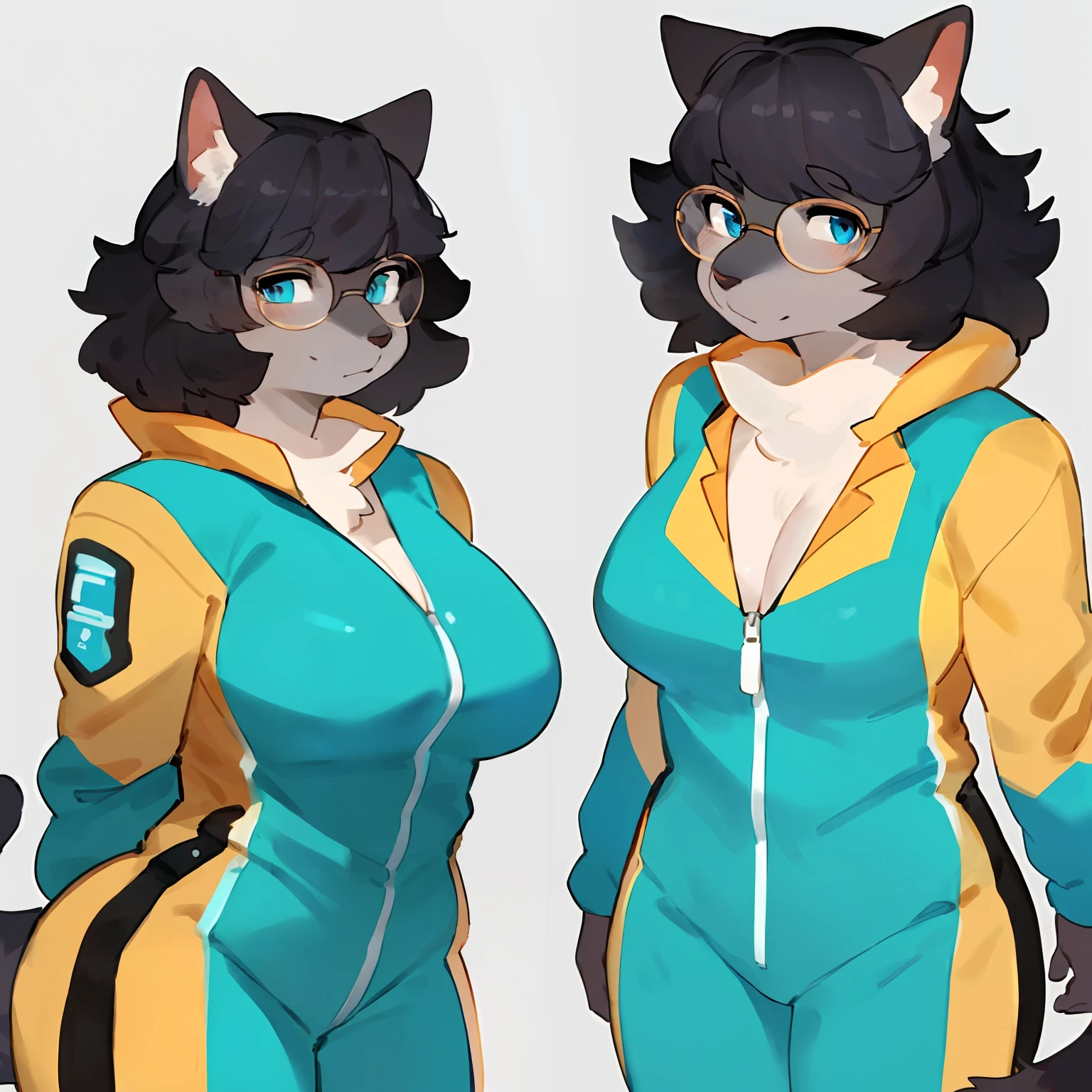by bebebebebe, by goonie-san, by bigcozyorca, by buta99, solo, female, standing, feline, (((detailed eyes, glasses))), plump, medium hair, ((snout)), tail, smoky colored fur, grey fur, dark fur, black hair, ((wavy hair, short hair, swept fringe)), blue eyes, blue, cyan and yellow spacesuit, cleavage