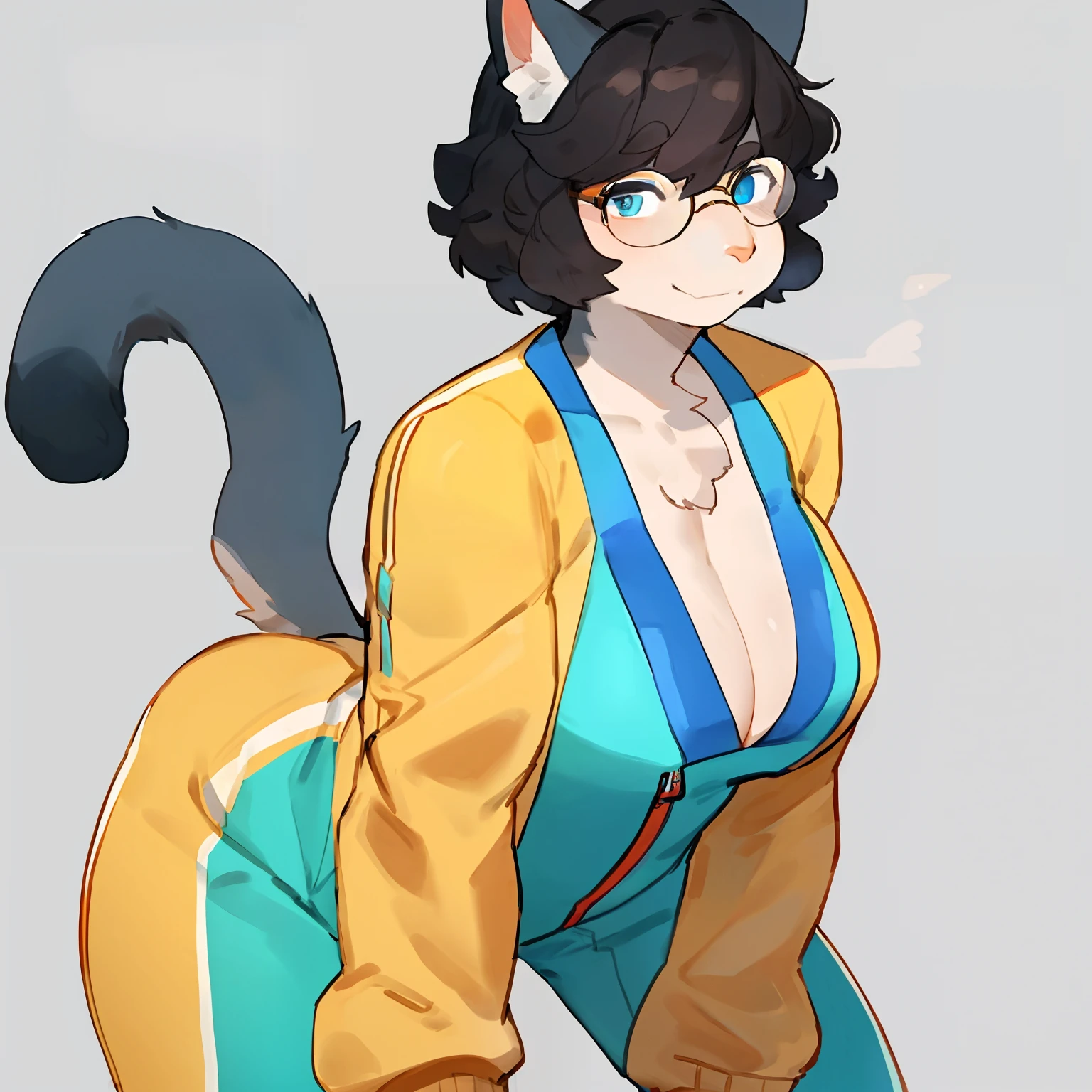 by bebebebebe, by goonie-san, by bigcozyorca, by buta99, solo, female, standing, feline, (((detailed eyes, glasses))), plump, medium hair, ((snout)), tail, smoky colored fur, grey fur, dark fur, black hair, ((wavy hair, short hair, swept fringe)), blue eyes, blue, cyan and yellow spacesuit, cleavage