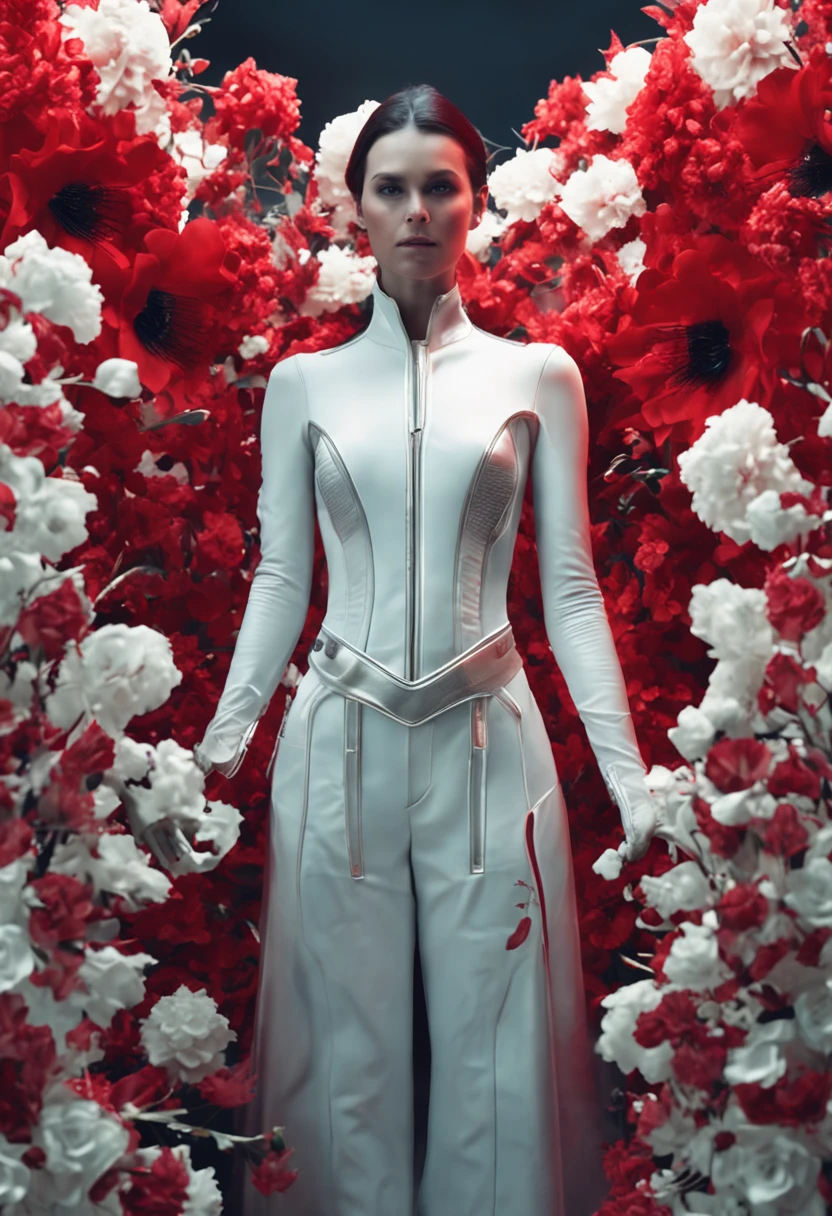 cinematic close up portrait photo painting of a beautiful cyborg woman with white parts, standing in the middle of a ton of red flowers in a white room, android, flowers in foreground, dramatic studio lighting
