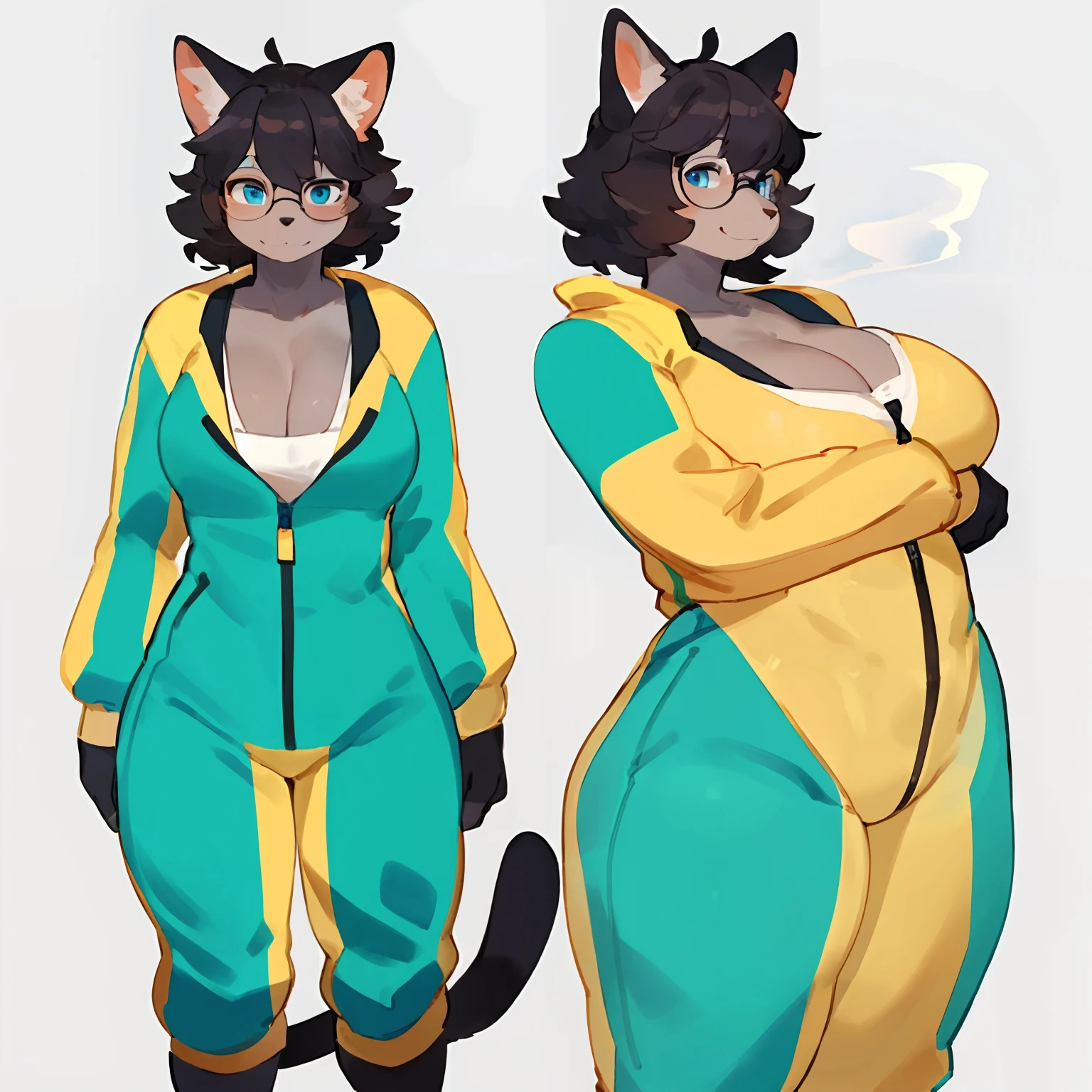 by bebebebebe, by goonie-san, by bigcozyorca, by buta99, solo, female, standing, feline, (((detailed eyes, glasses))), plump, medium hair, ((snout)), tail, smoky colored fur, grey fur, dark fur, black hair, ((wavy hair, short hair, swept fringe)), blue eyes, blue, cyan and yellow spacesuit, thicc, thick thighs, cleavage