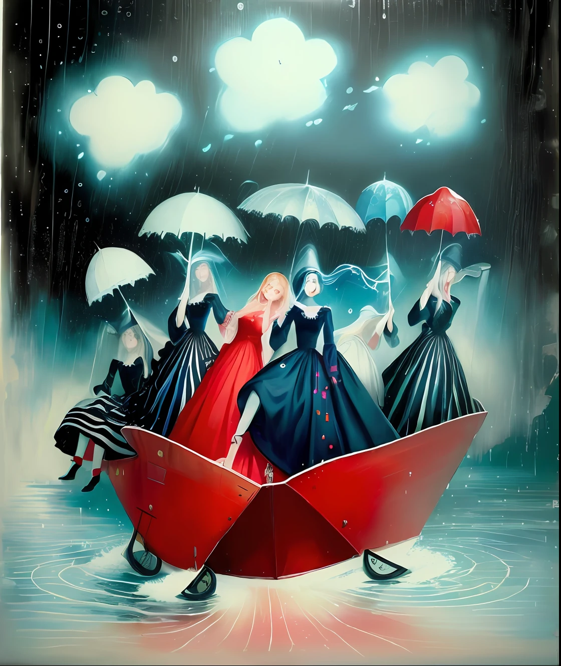 pintura de um grupo de mulheres em vestidos pretos em um barco, Directed by: Alice Rahon, Directed by: Orshi Drozdik, by Ivan Generalić, Directed by: Mstislav Dobuzhinsky, it's raining, arte surrealista emocional, Directed by: Géza Mészöly, estilo de arte surrealismo pop, Arte surrealista, pintura surrealista