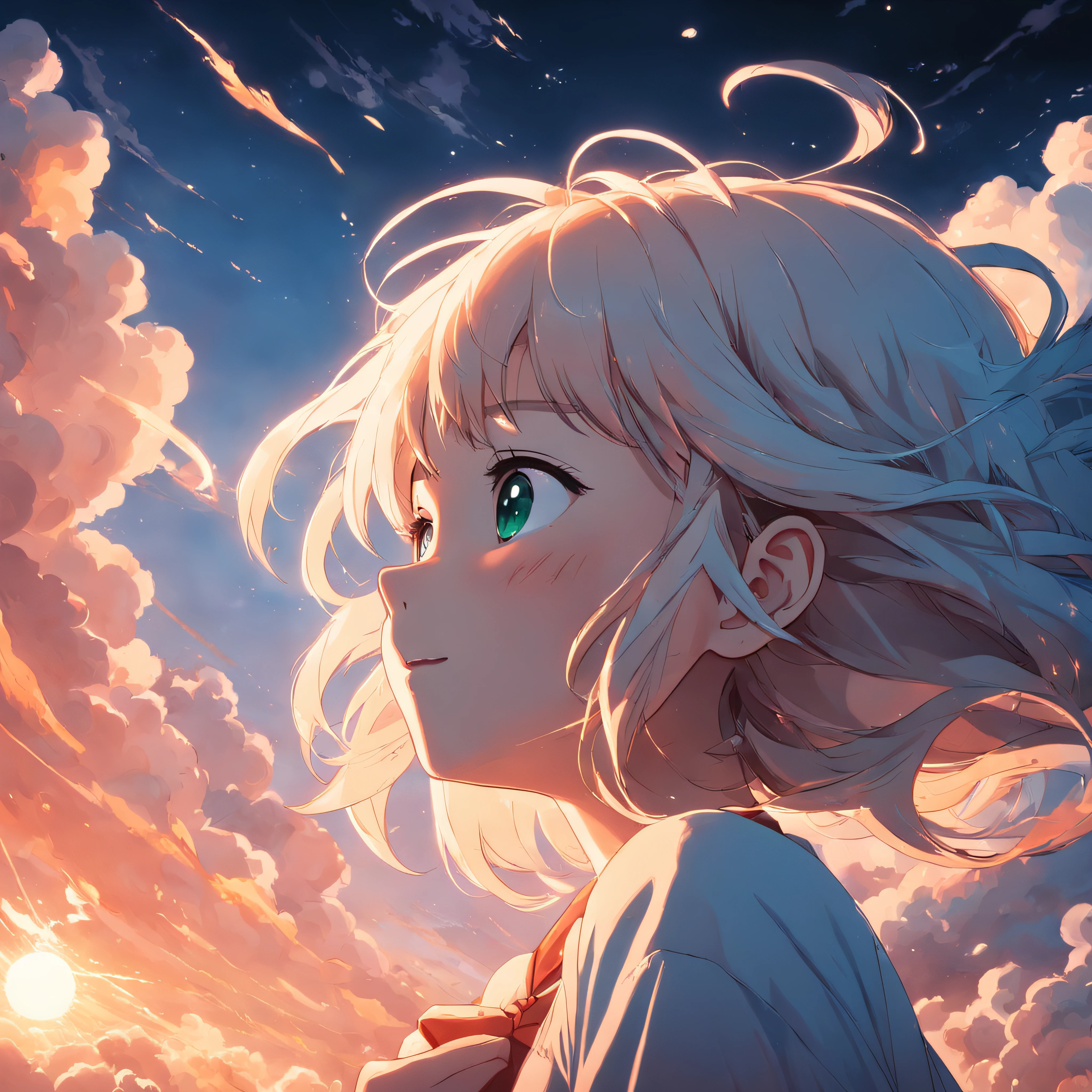 masterpiece, best quality, movie still, 1girl, cloud girl, floating in the sky, close-up, bright, happy, warm soft lighting, sunset, (sparks:0.7)