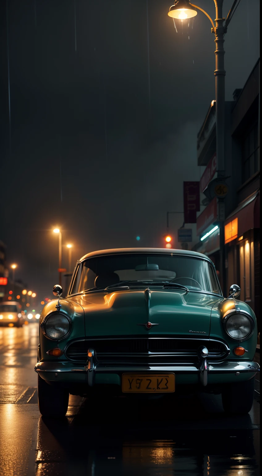 classic car in a night light up city lights glowing in the rain