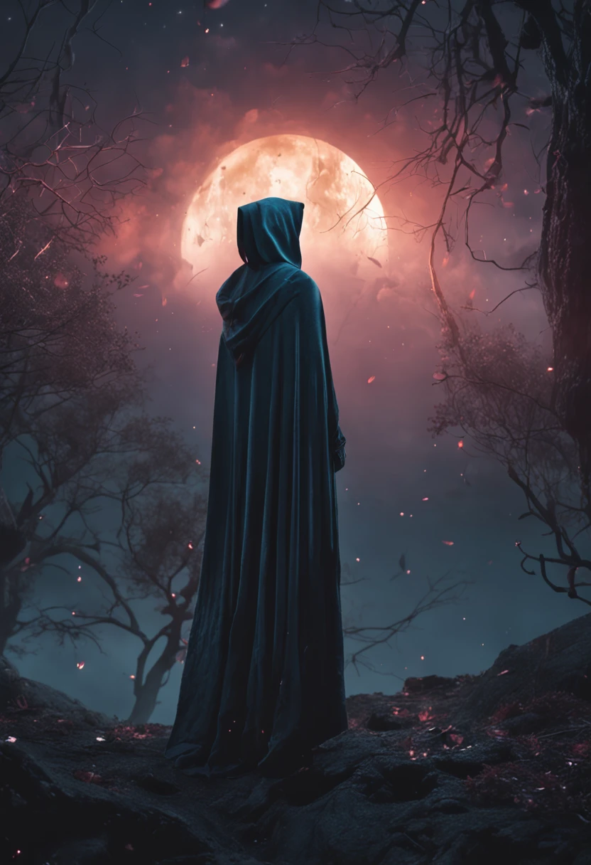 masterpiece, best quality, ultra high res, beautiful, visually stunning, elegant, incredible details, award-winning art, g0s1, ghost,hood,torn cloak, faceless, nature, forest, night, fog, night sky, 1girl, solo, breasts, no humans,