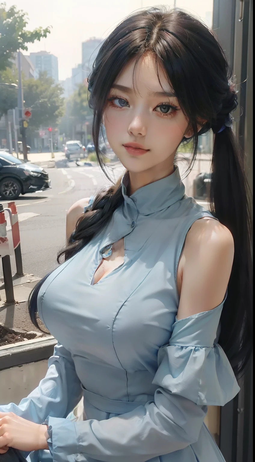((Best picture quality, 8K, tmasterpiece:1.3)), 1girll, Beautiful woman with slender abs:1.3, (Casual hairstyle, huge tit:1.2),Blue low-cut dress:1.1, Ultra-fine face, A detailed eye, 二重まぶた,ssmile,dual horsetail,dual horsetail,adolable